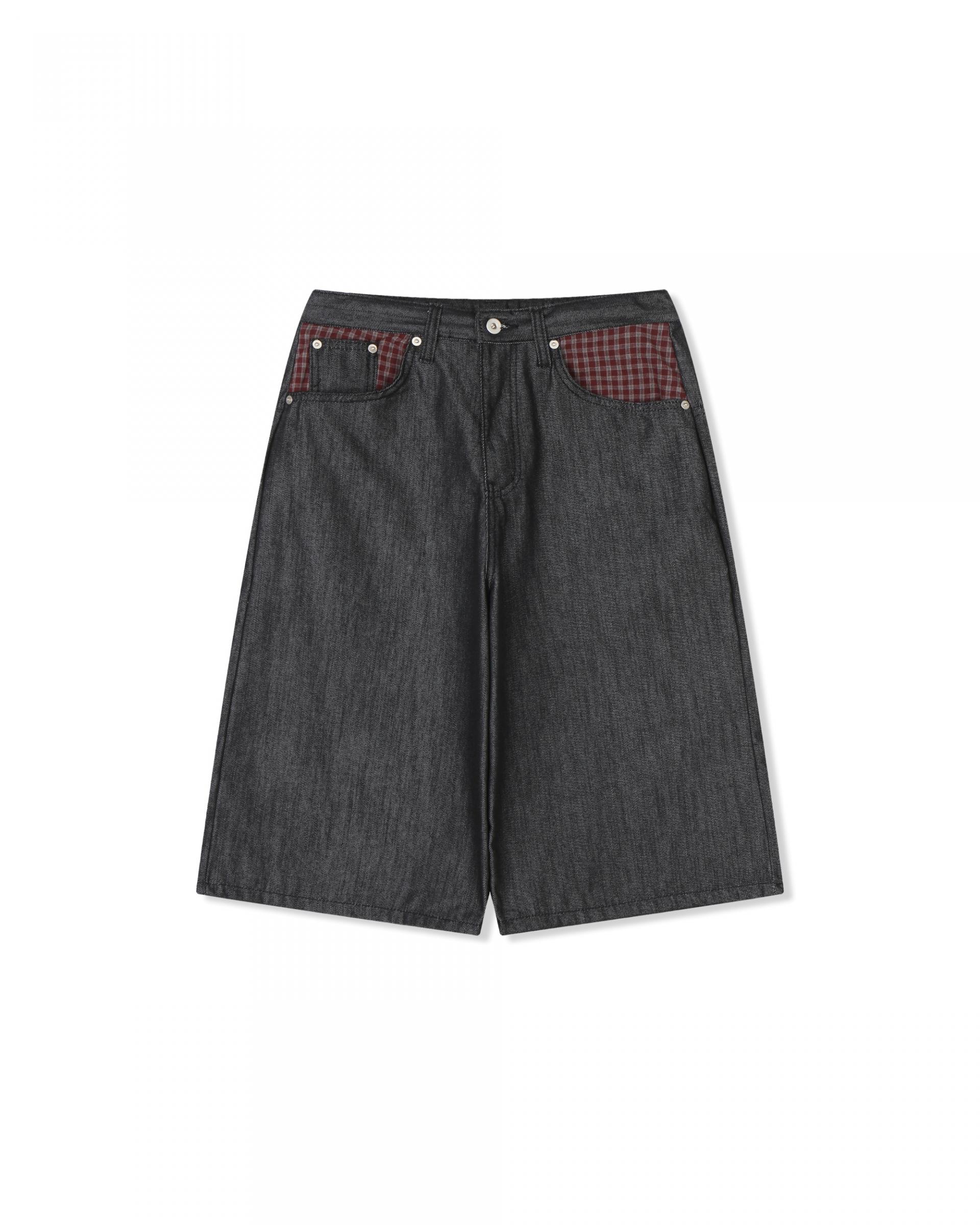 check pocket raw bermuda denim pants