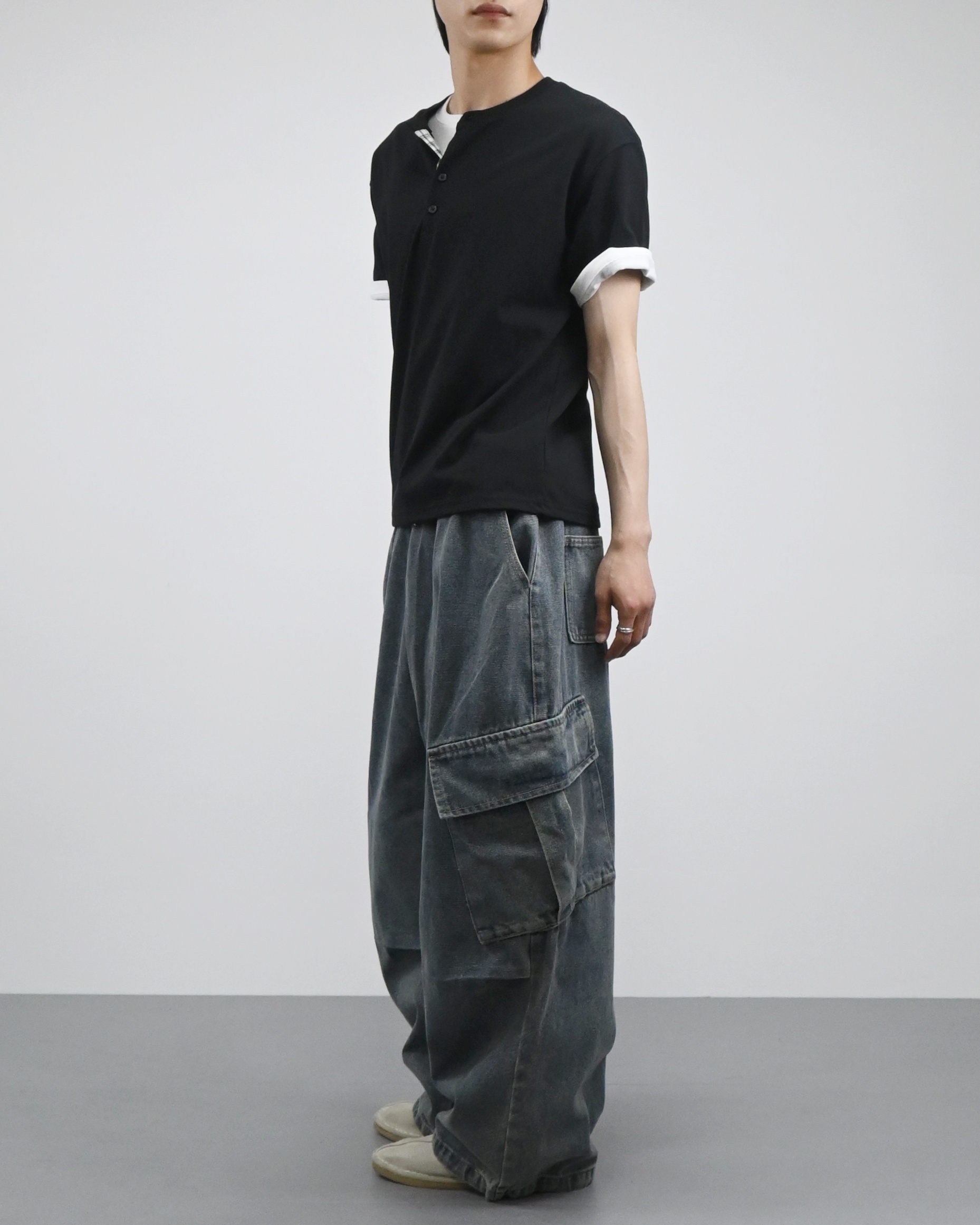 banding big cargo denim pants