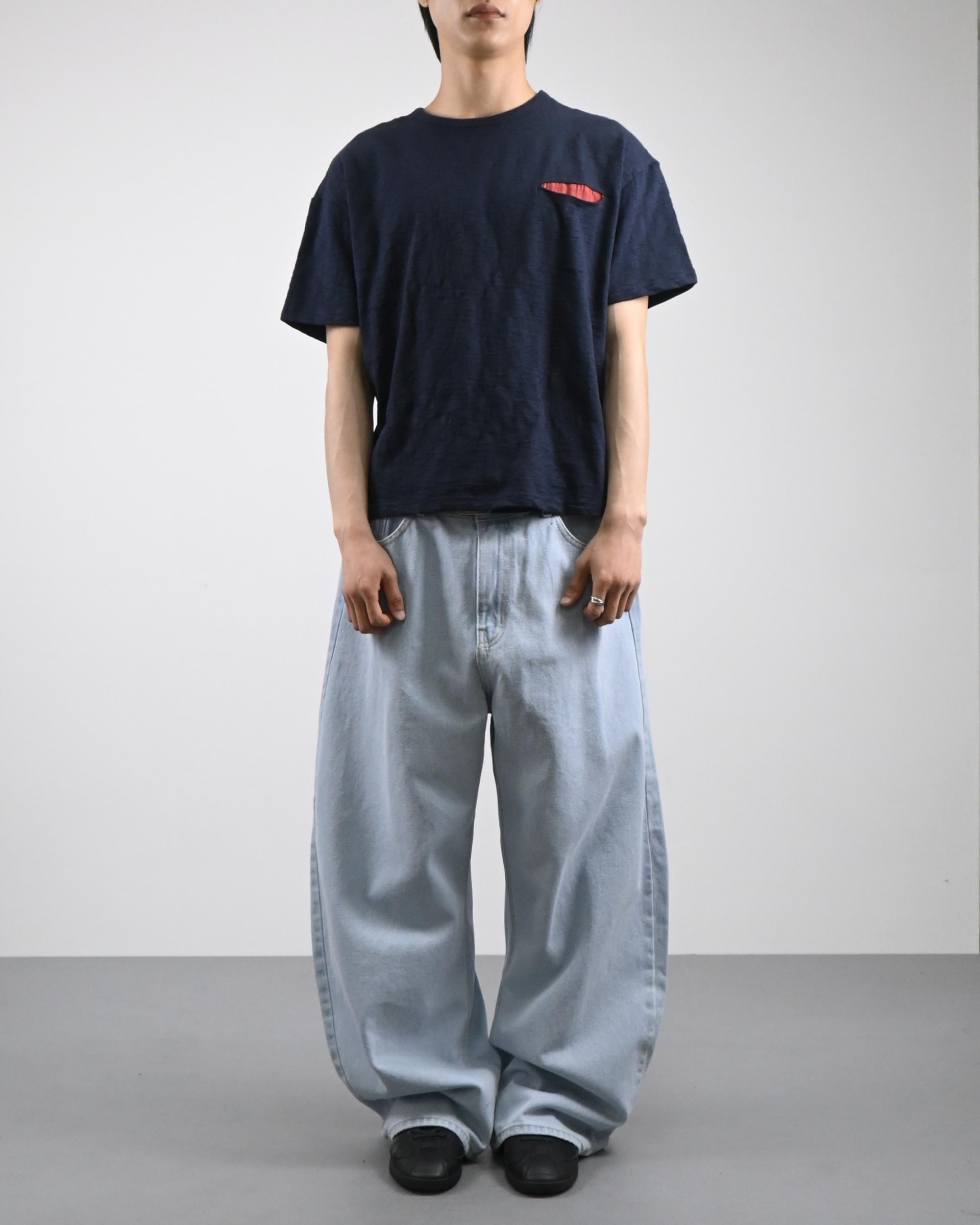 cream blue curved denim pants