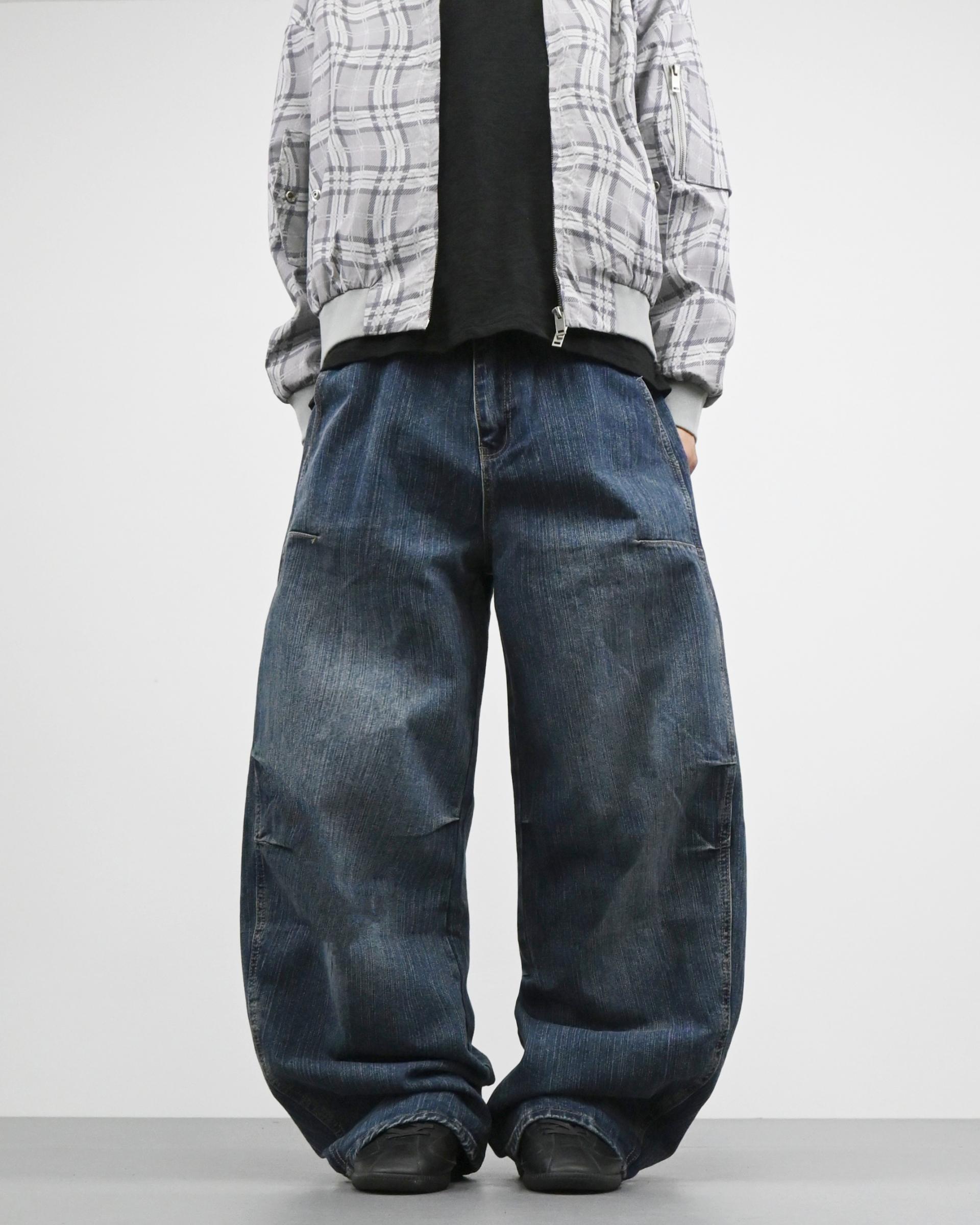 pin slub curved denim pants