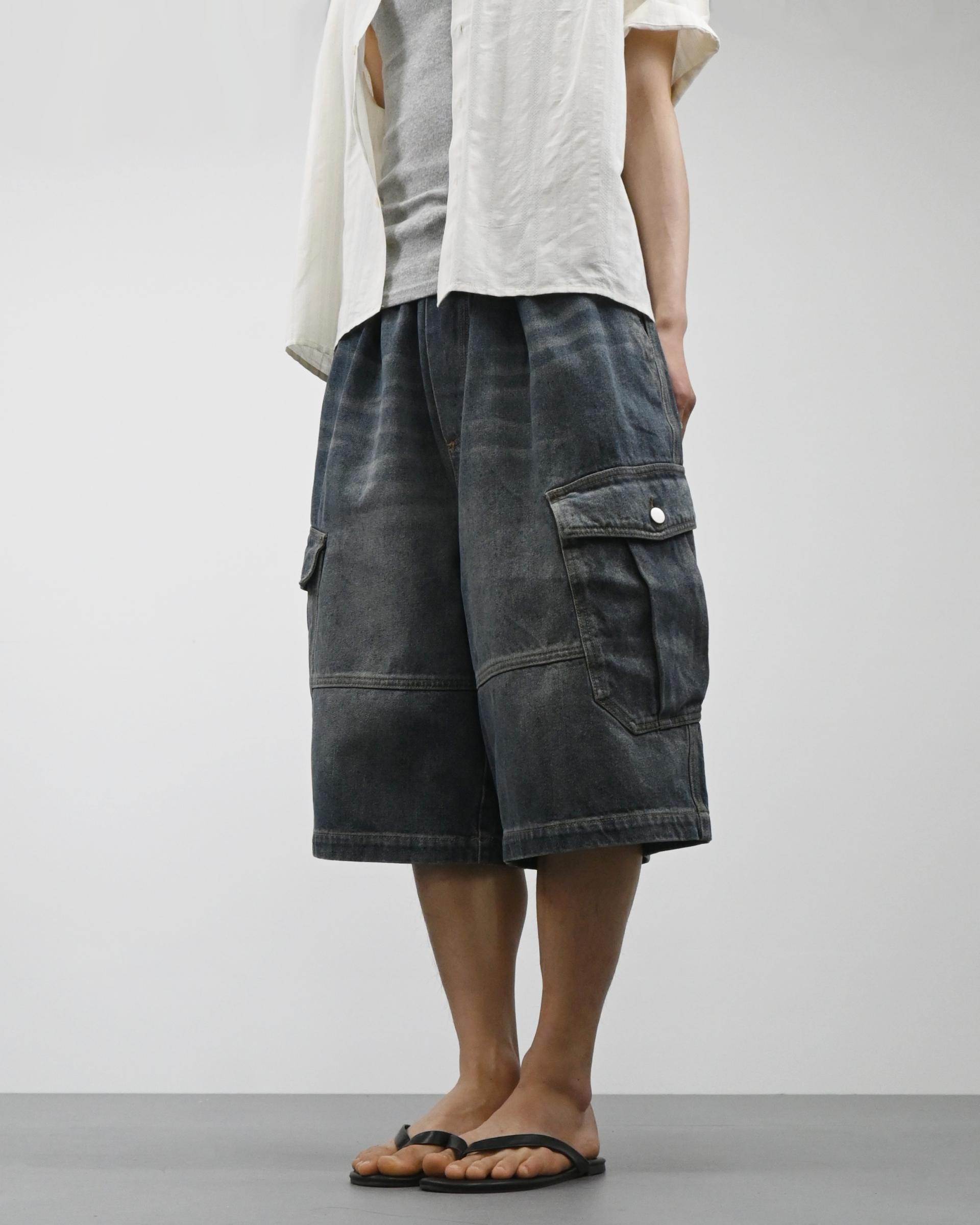 vintage washing cargo bermuda denim pants