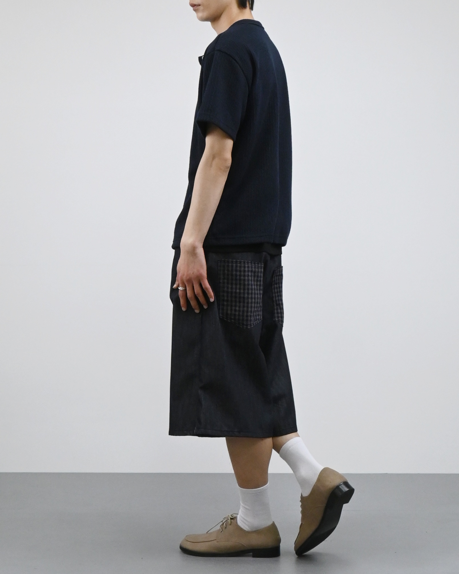 check pocket raw bermuda denim pants