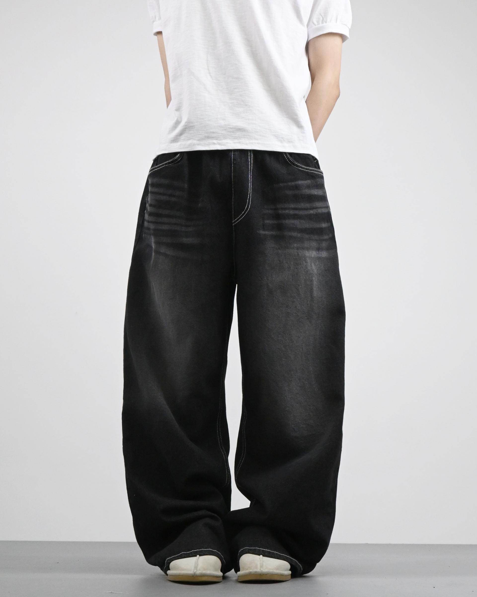 white stitch black denim pants