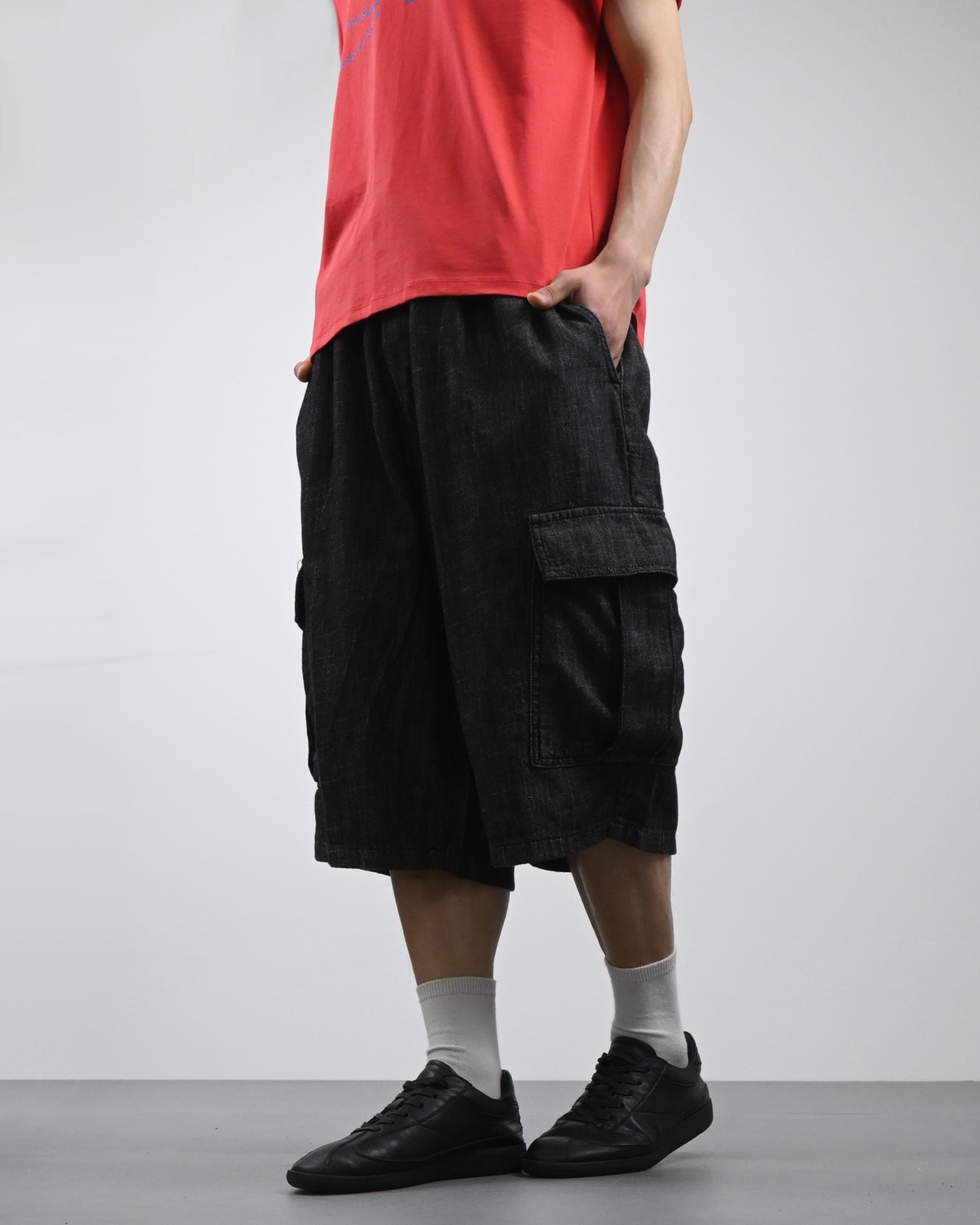 slub denim cargo bermuda pants