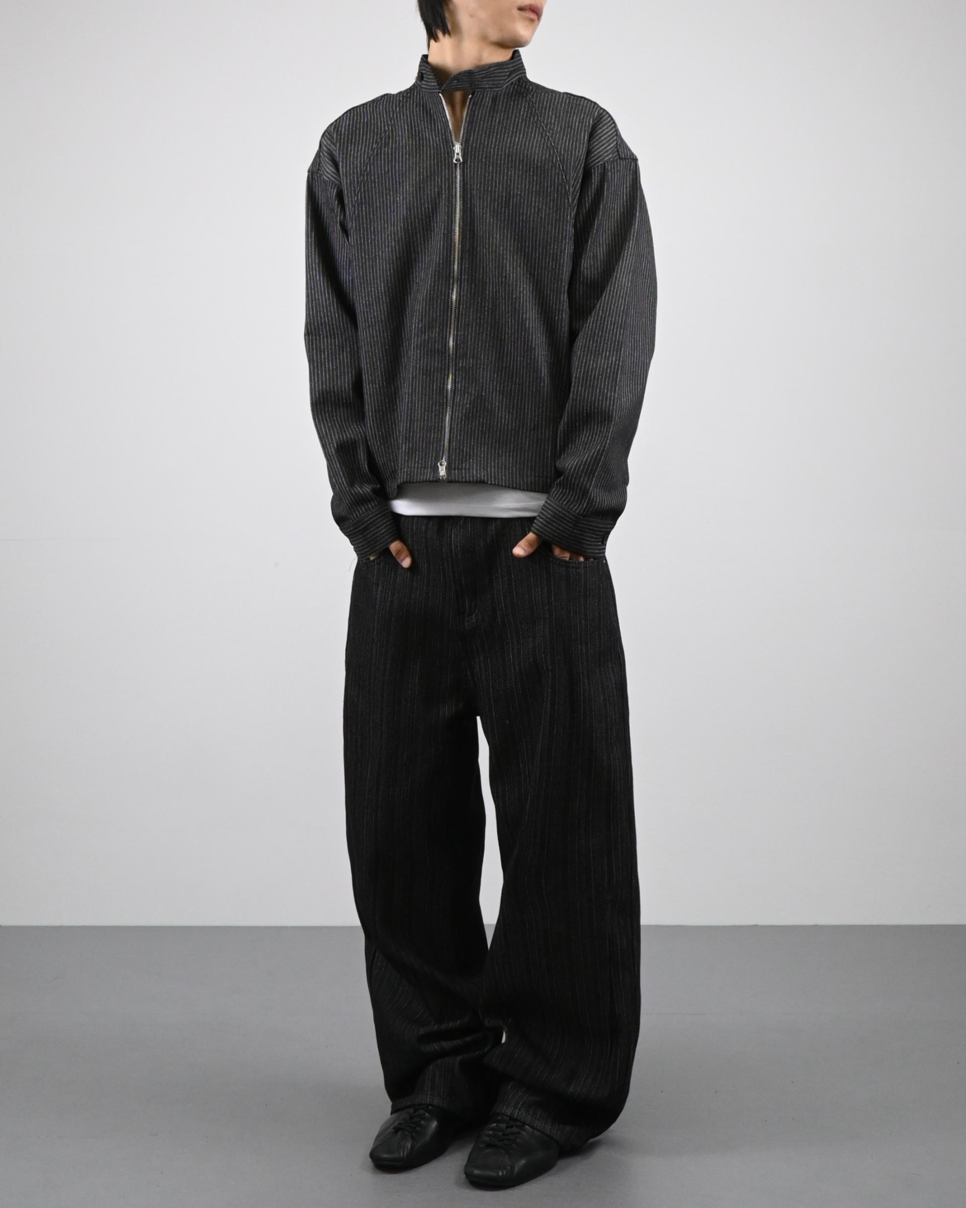 striped china neck denim jacket