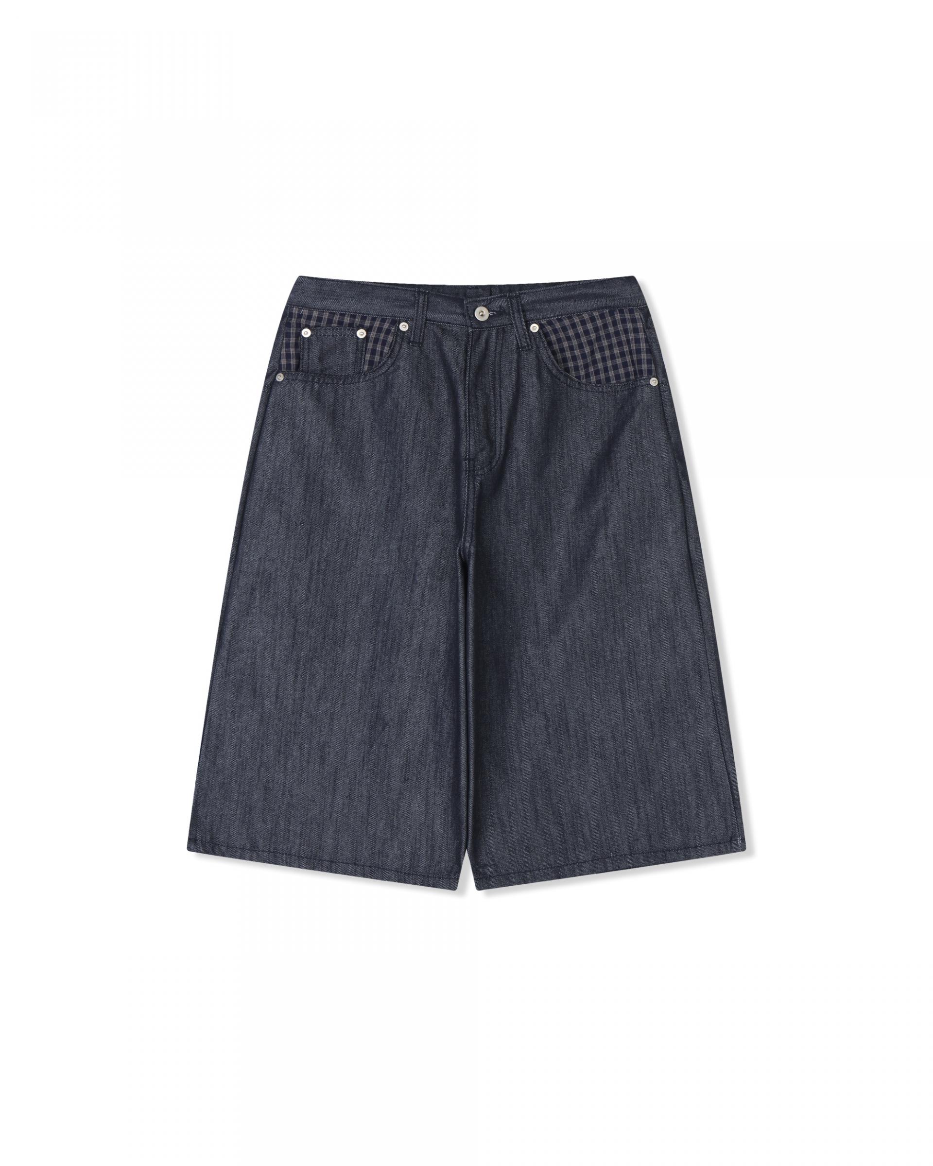 check pocket raw bermuda denim pants