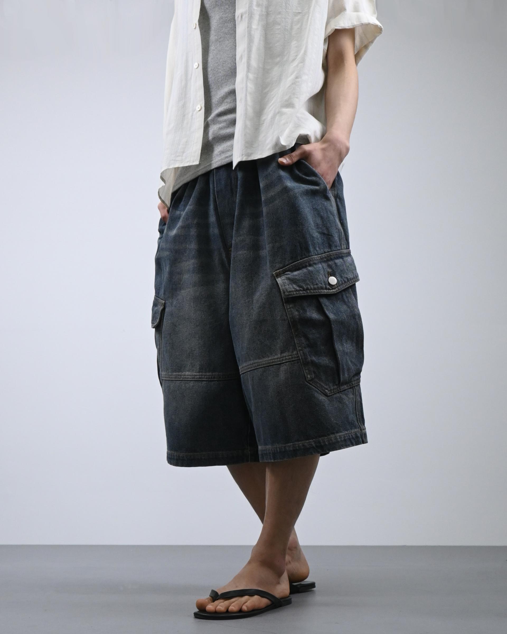 vintage washing cargo bermuda denim pants