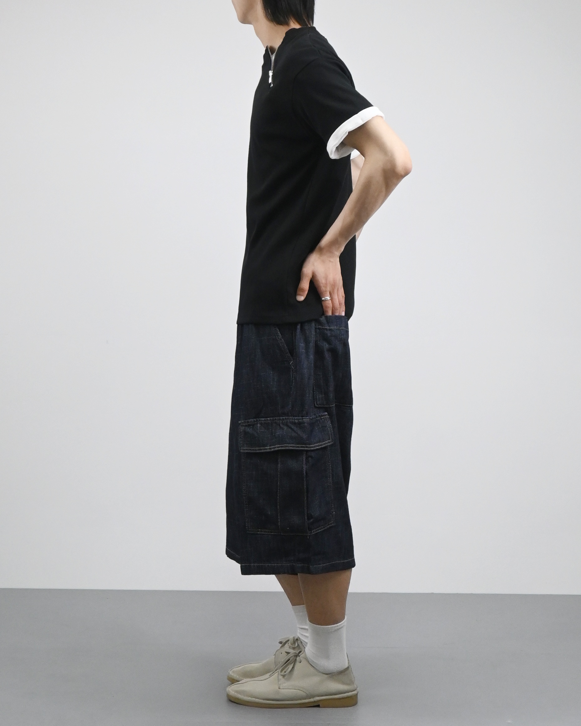 slub denim cargo bermuda pants