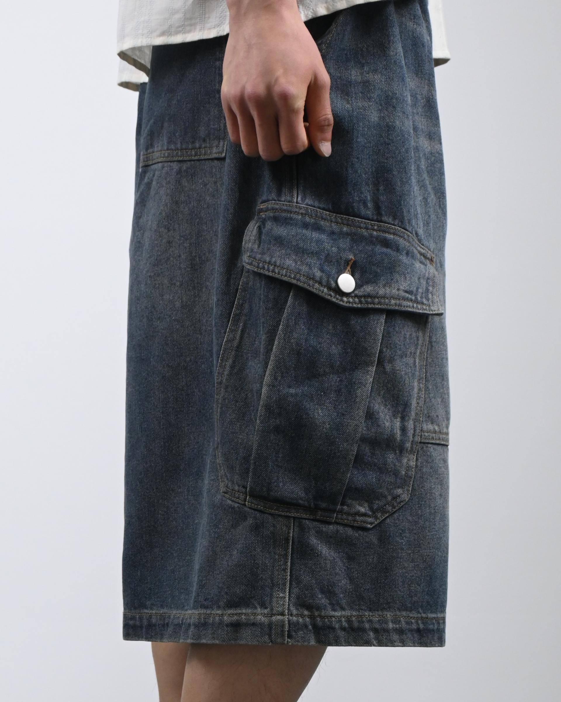 vintage washing cargo bermuda denim pants