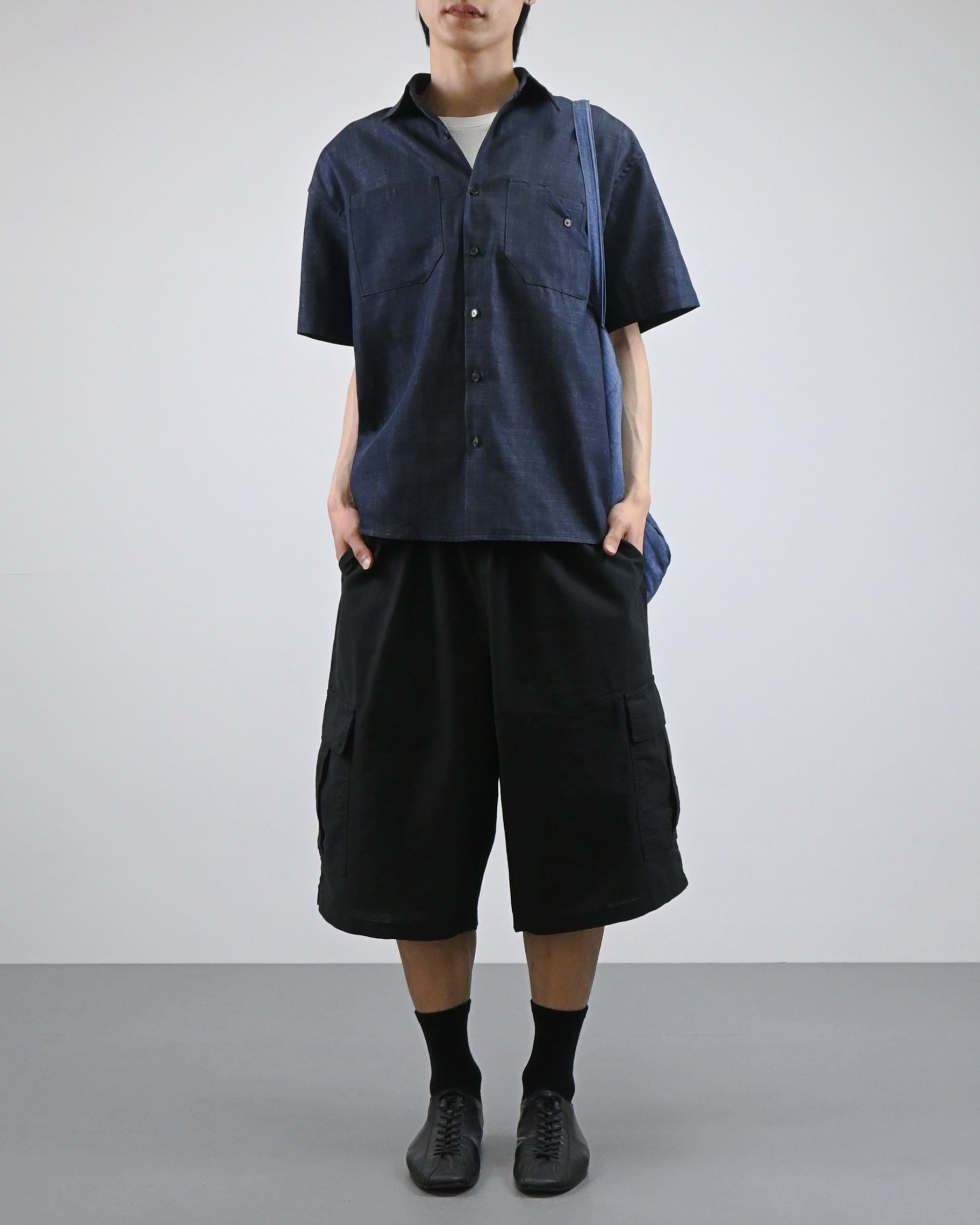 linen pocket half denim shirt