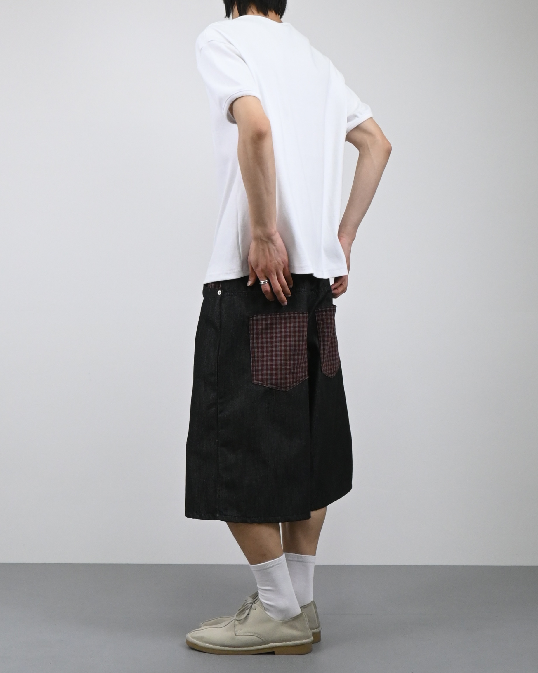 check pocket raw bermuda denim pants