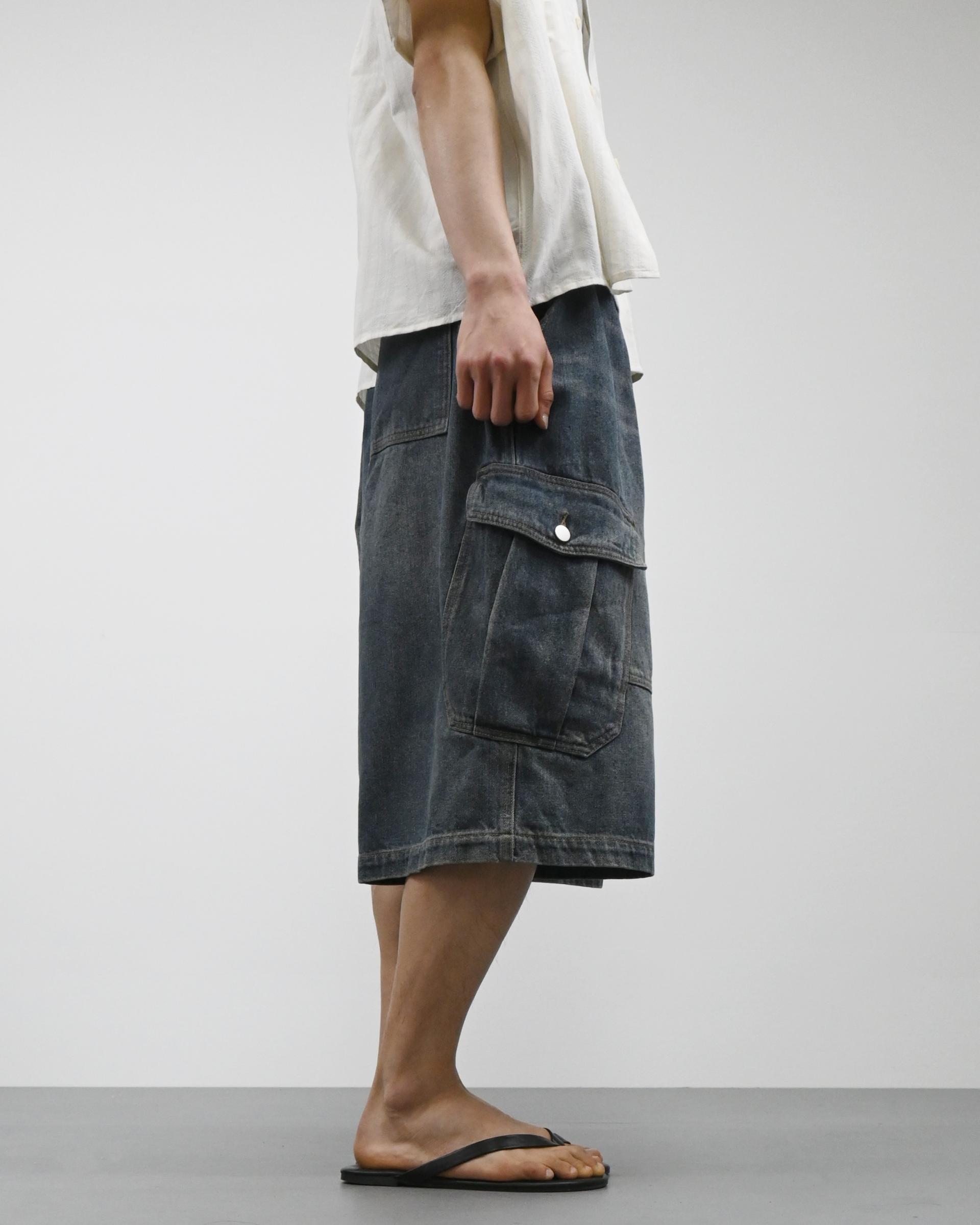 vintage washing cargo bermuda denim pants