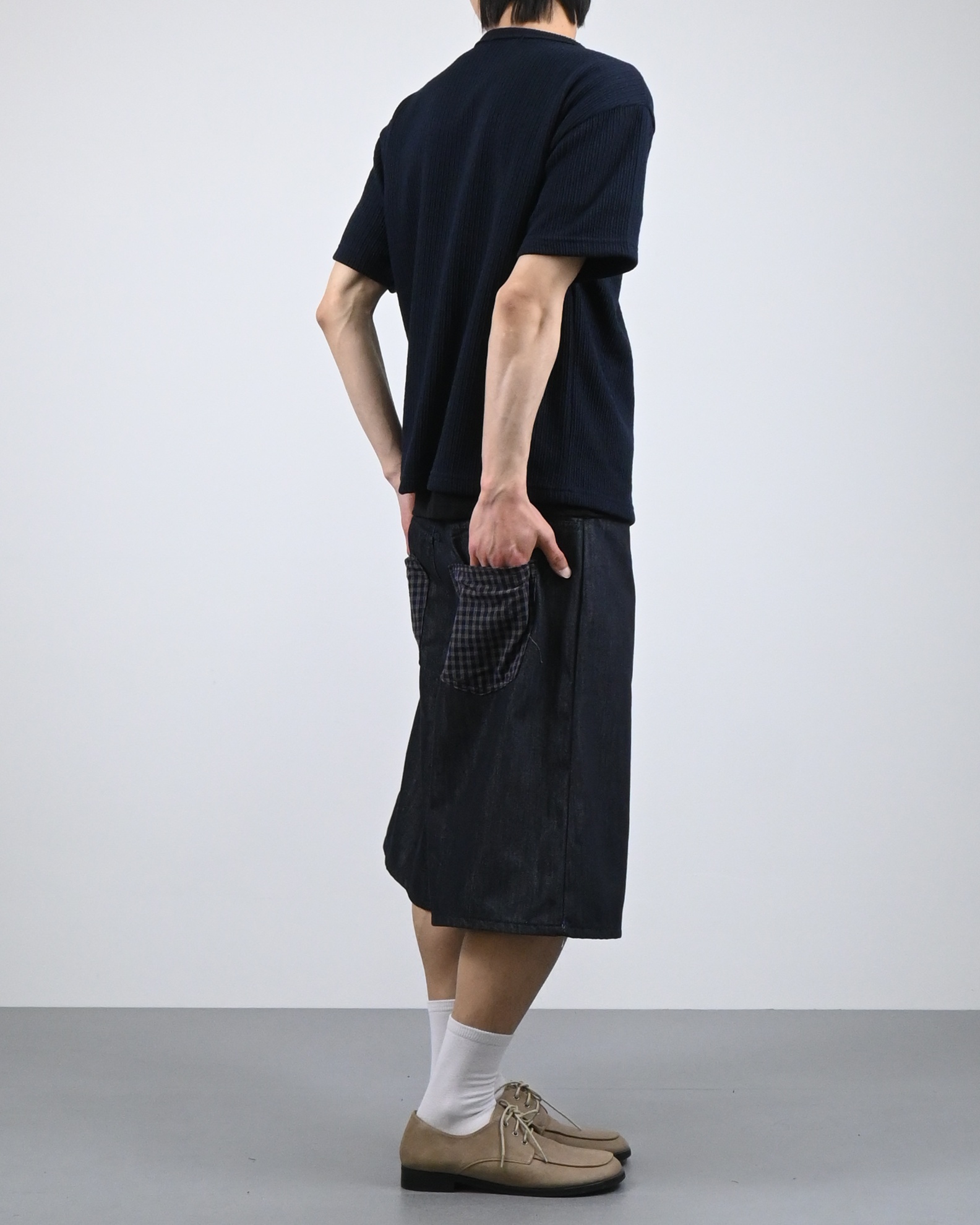 check pocket raw bermuda denim pants