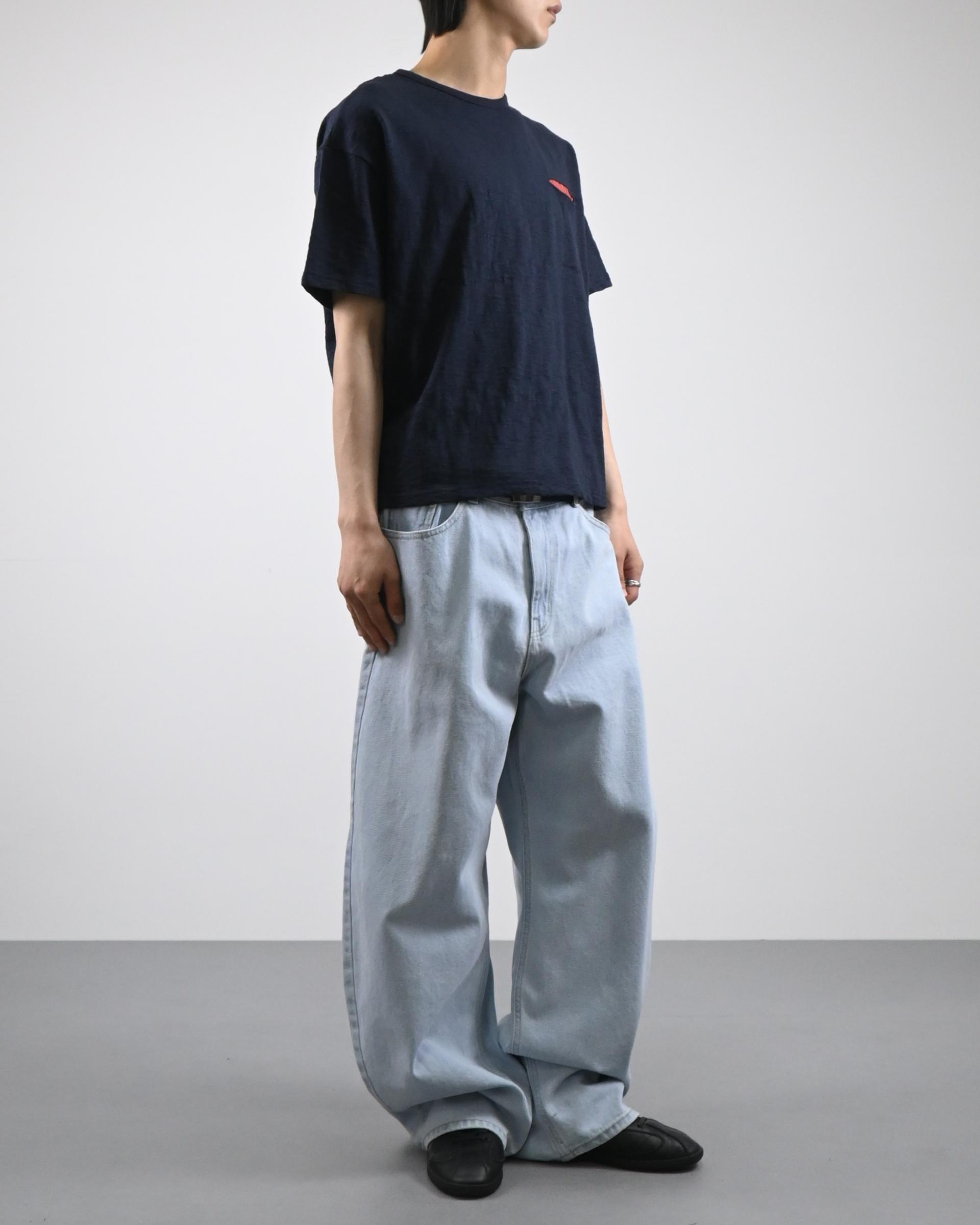 cream blue curved denim pants