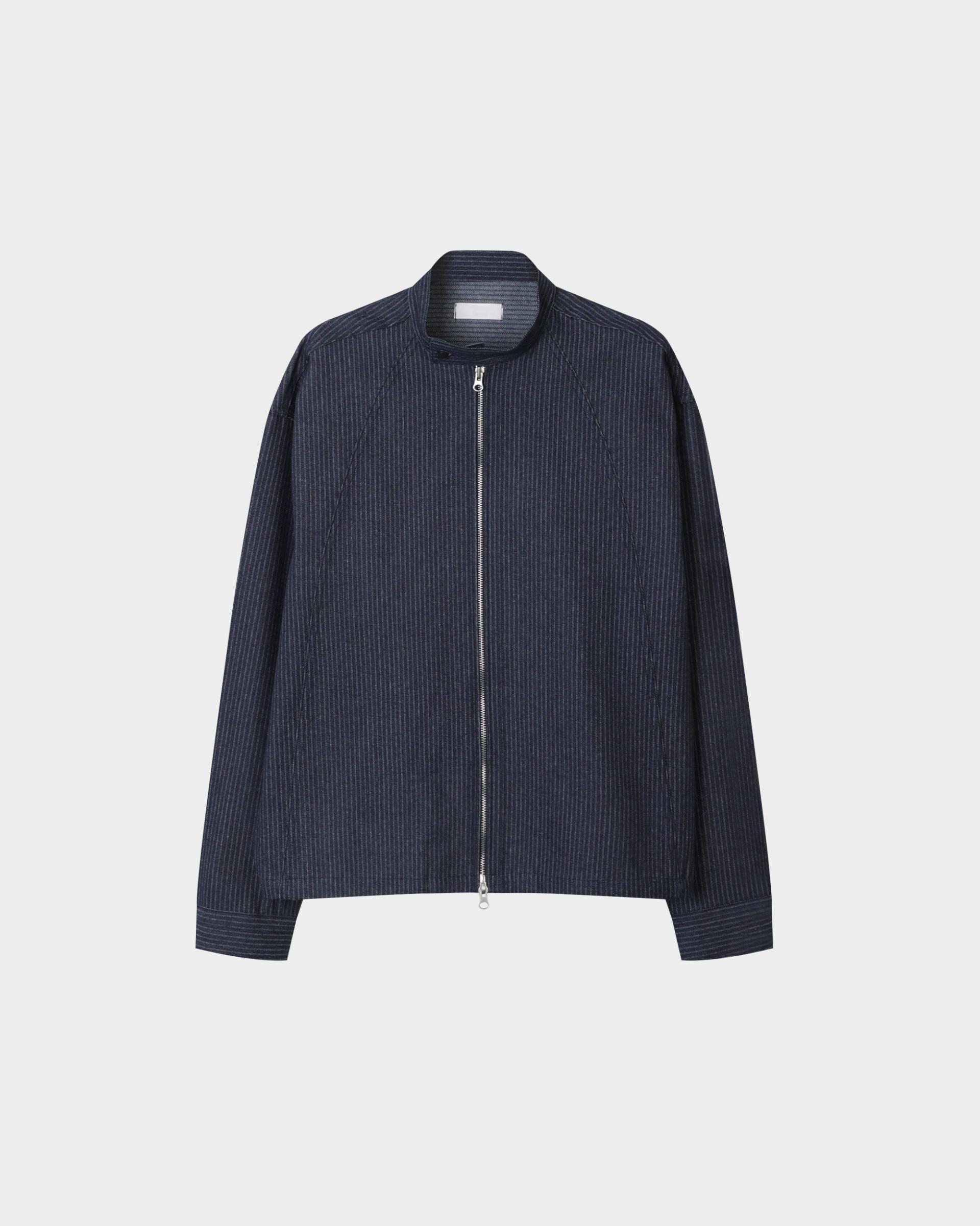 striped china neck denim jacket