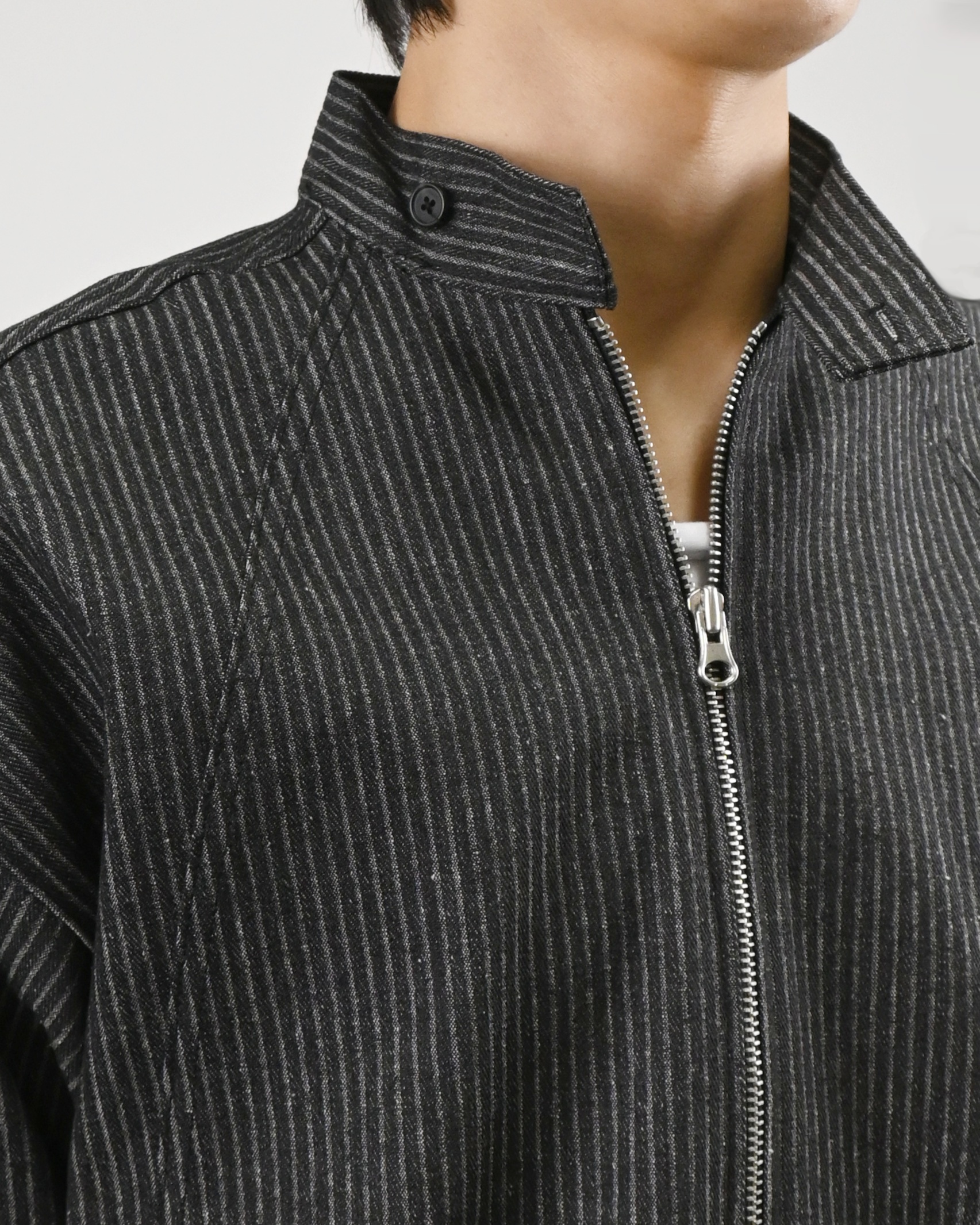 striped china neck denim jacket