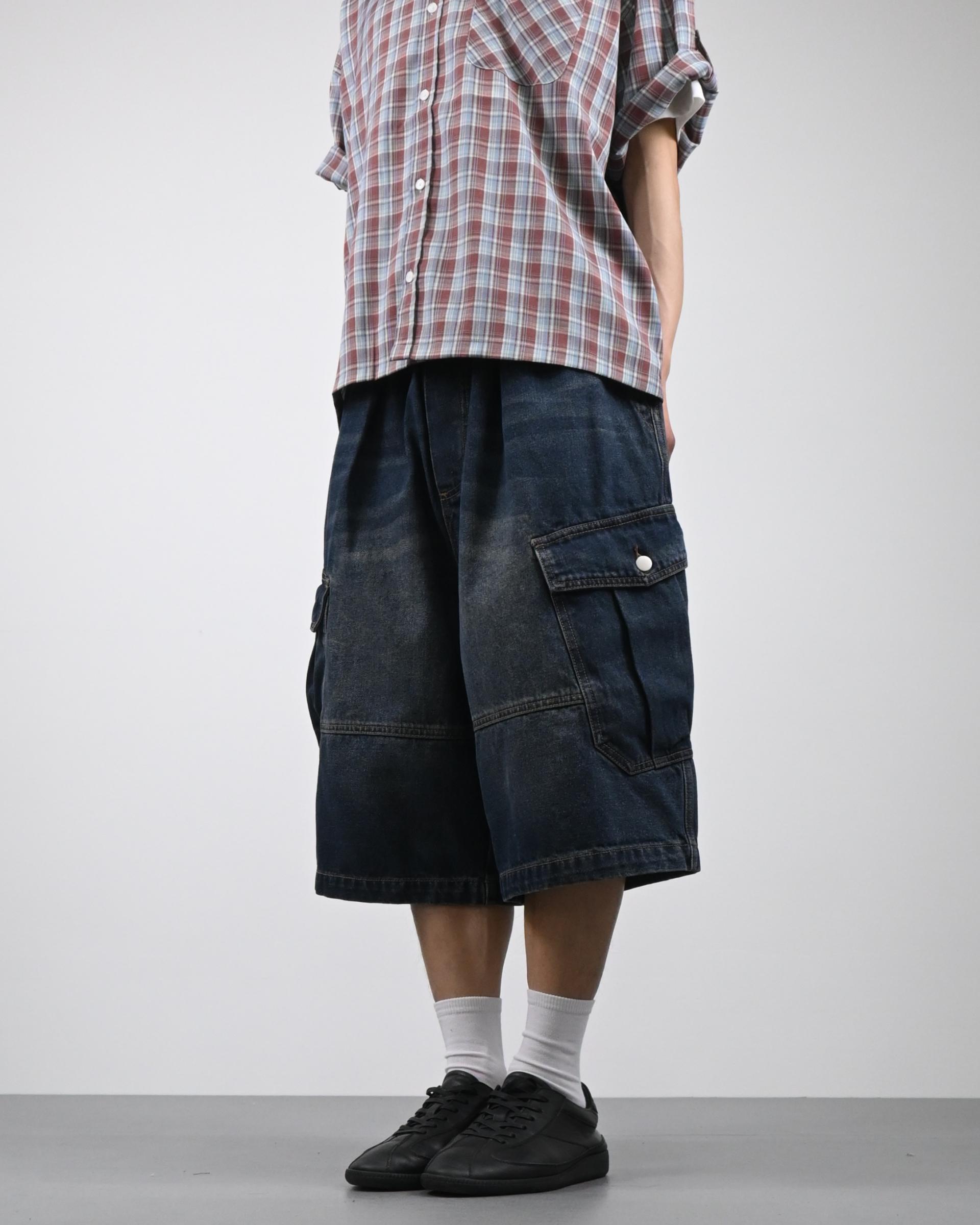 vintage washing cargo bermuda denim pants