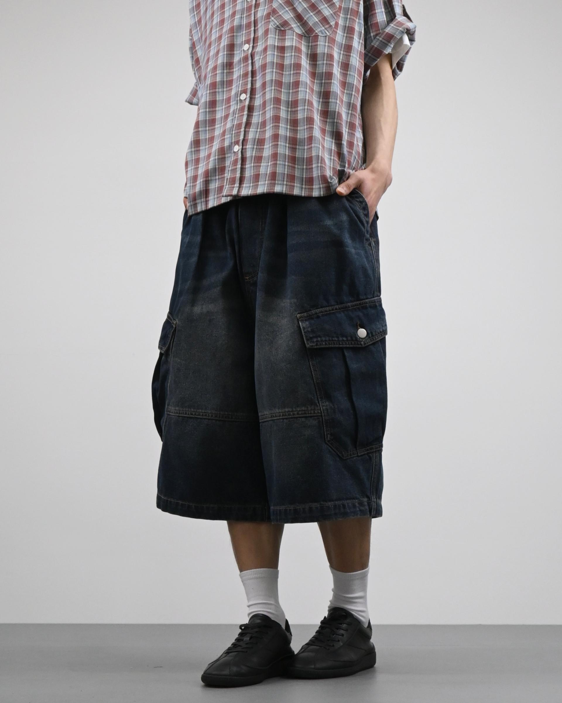 vintage washing cargo bermuda denim pants