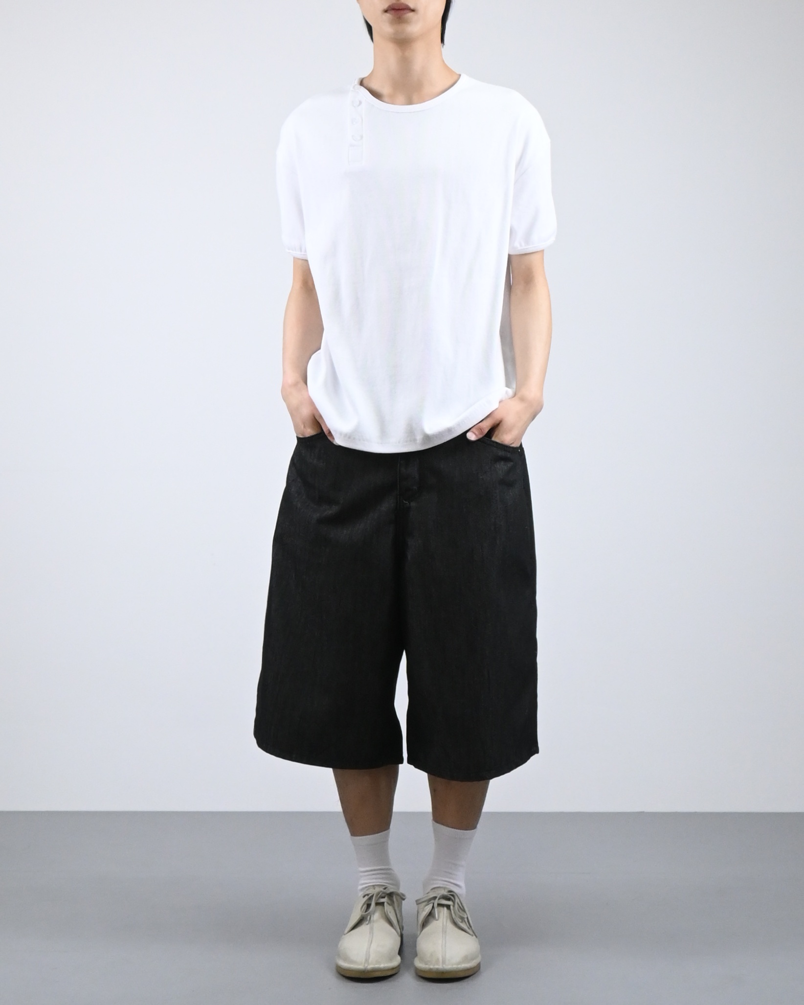 check pocket raw bermuda denim pants
