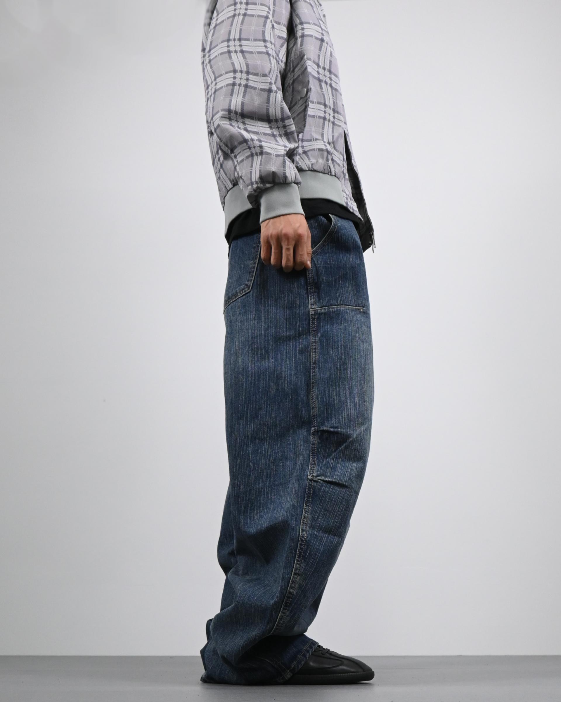 pin slub curved denim pants