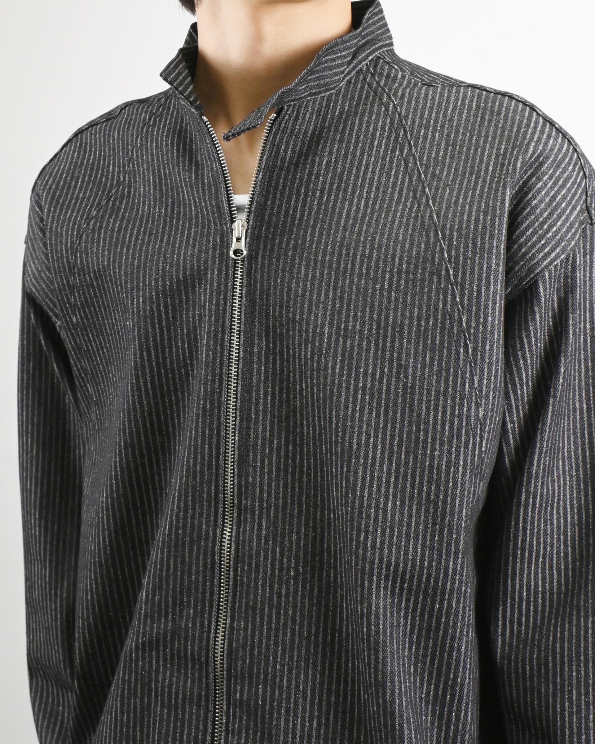 striped china neck denim jacket