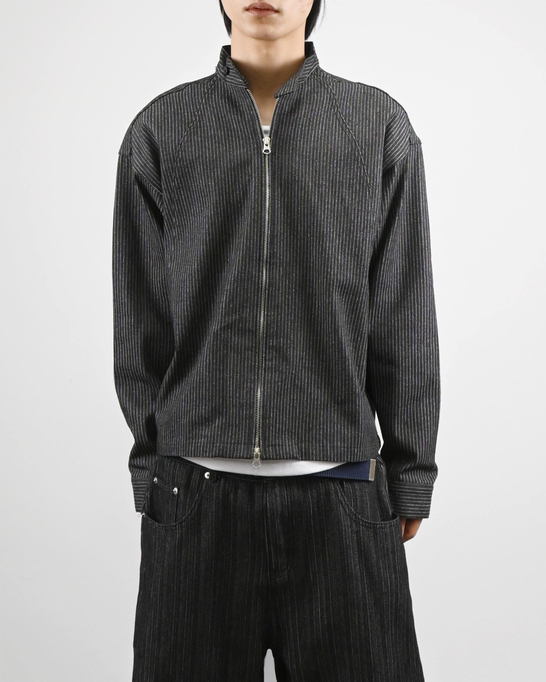 striped china neck denim jacket