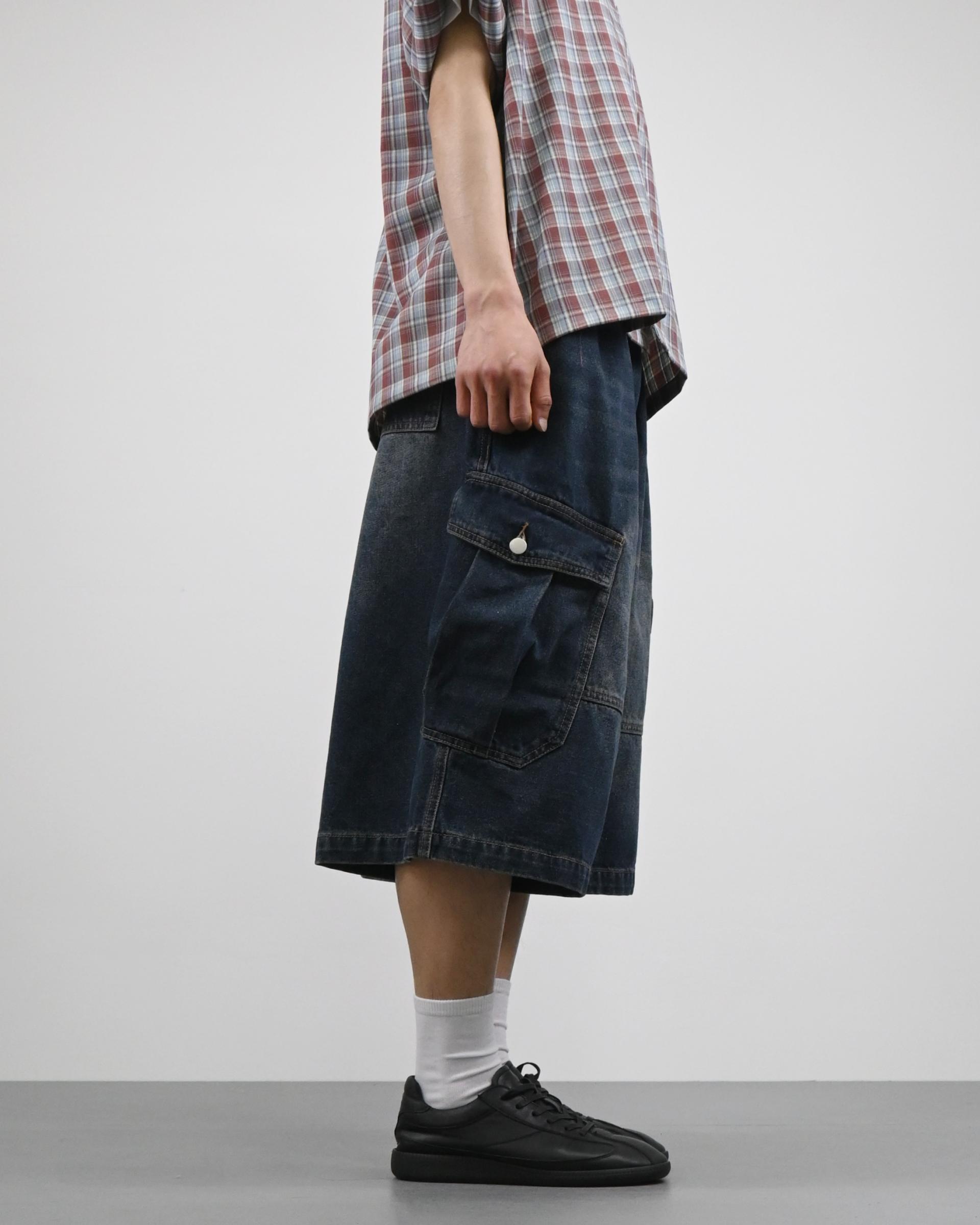 vintage washing cargo bermuda denim pants