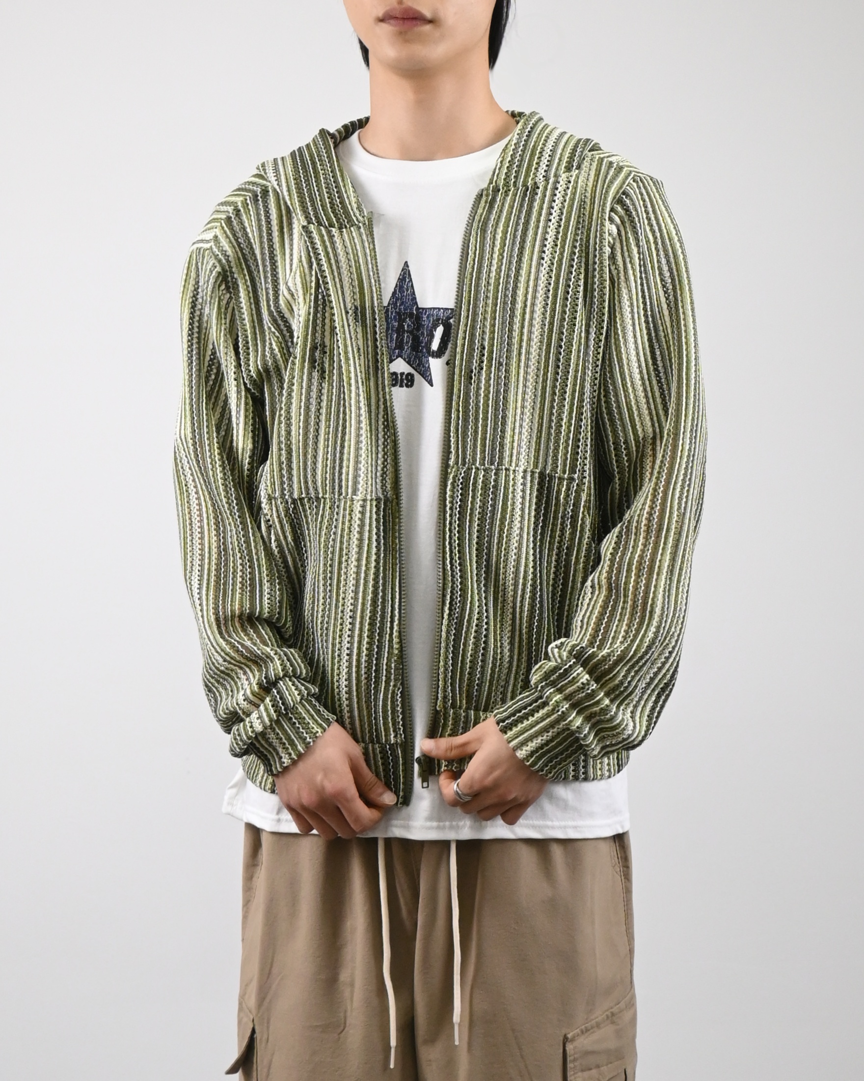 stripe punching hood zip-up