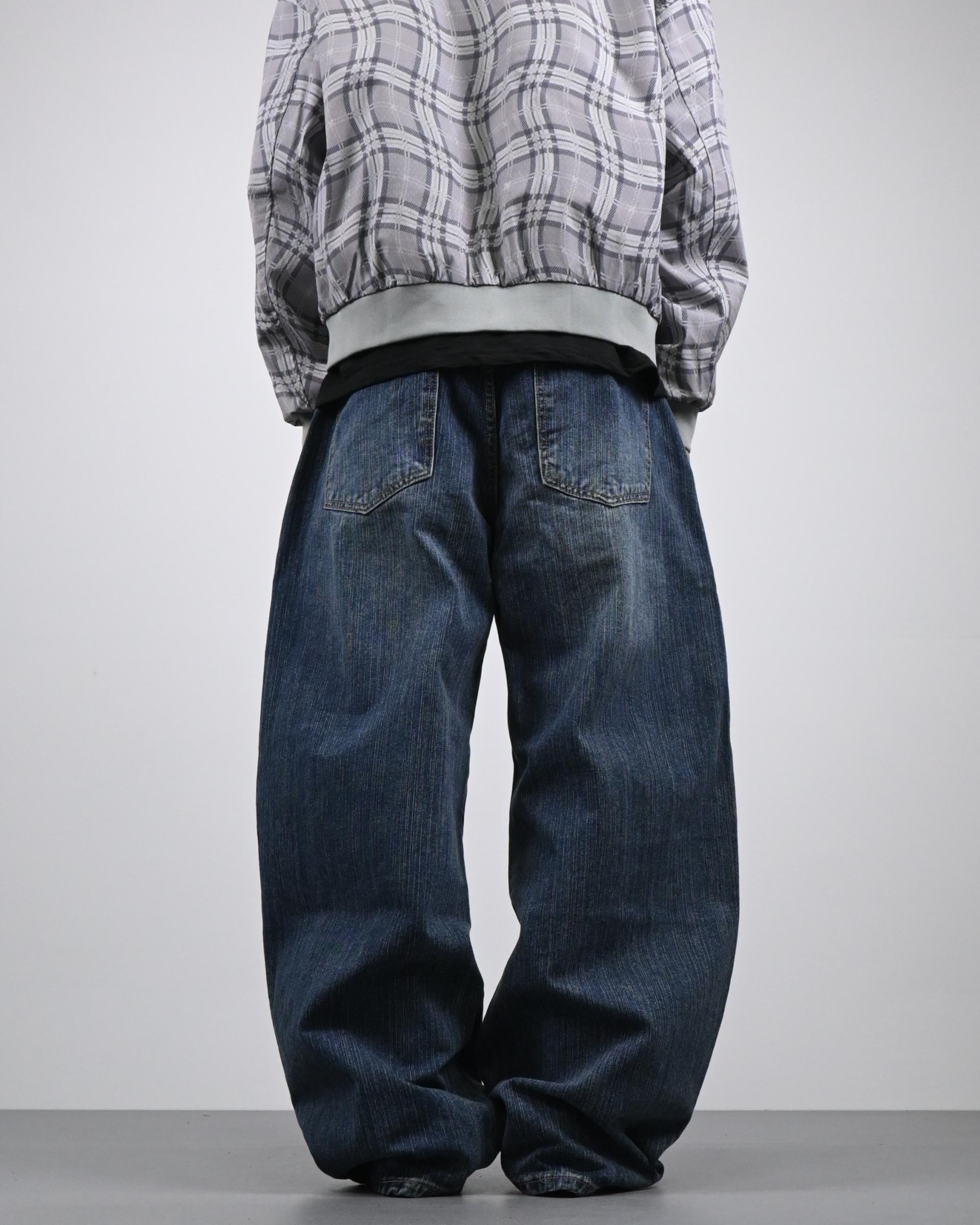 pin slub curved denim pants