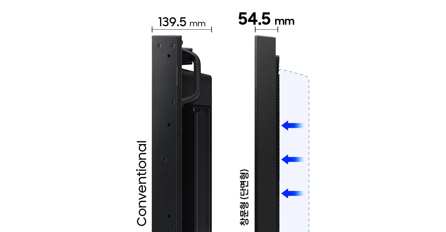 스마트 사이니지 실외형 두께를 보여주고 있습니다. 54.5 mm
