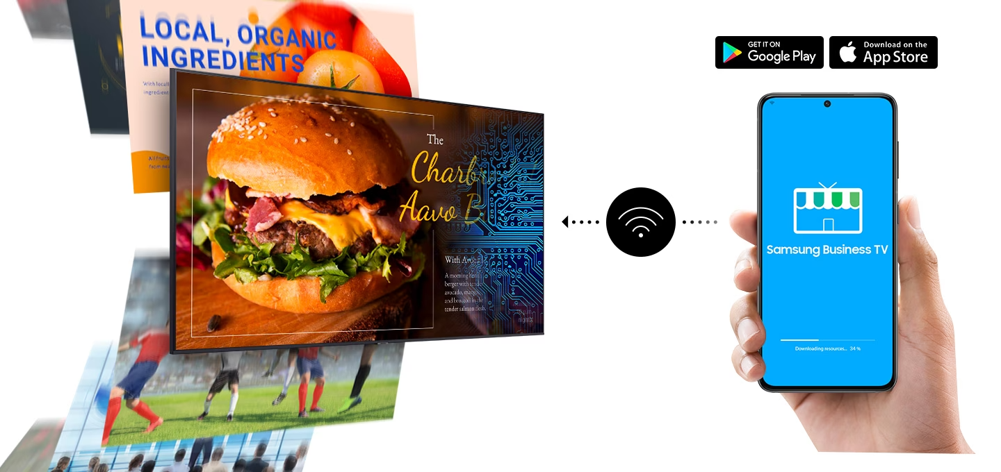 좌측에 햄버거화면 및 여러 상황의 화면이 제품 인스크린에 나오고 있고 우측에 사용자가 모바일 기기를 들고 삼성 비즈니스 TV 앱이 중앙 와이파이 아이콘을 보여주며 연결되는 모습을 보여주고 있습니다. 모바일 기기 상단엔 Google Play, App Store 앱 상표가 나와있습니다.