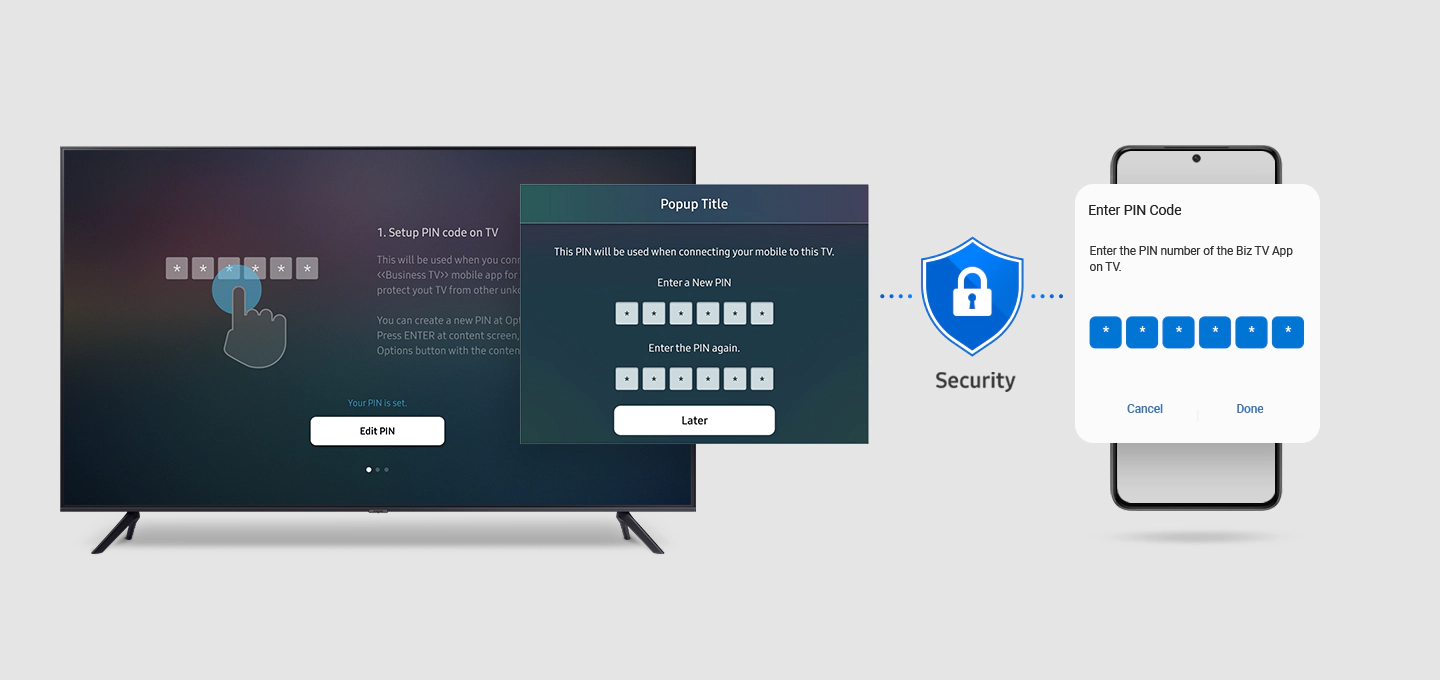 BEA시리즈 화면에 핀코드 입력 화면이 보여집니다. 모바일과 보안되는 모습을 보여주고 있습니다.