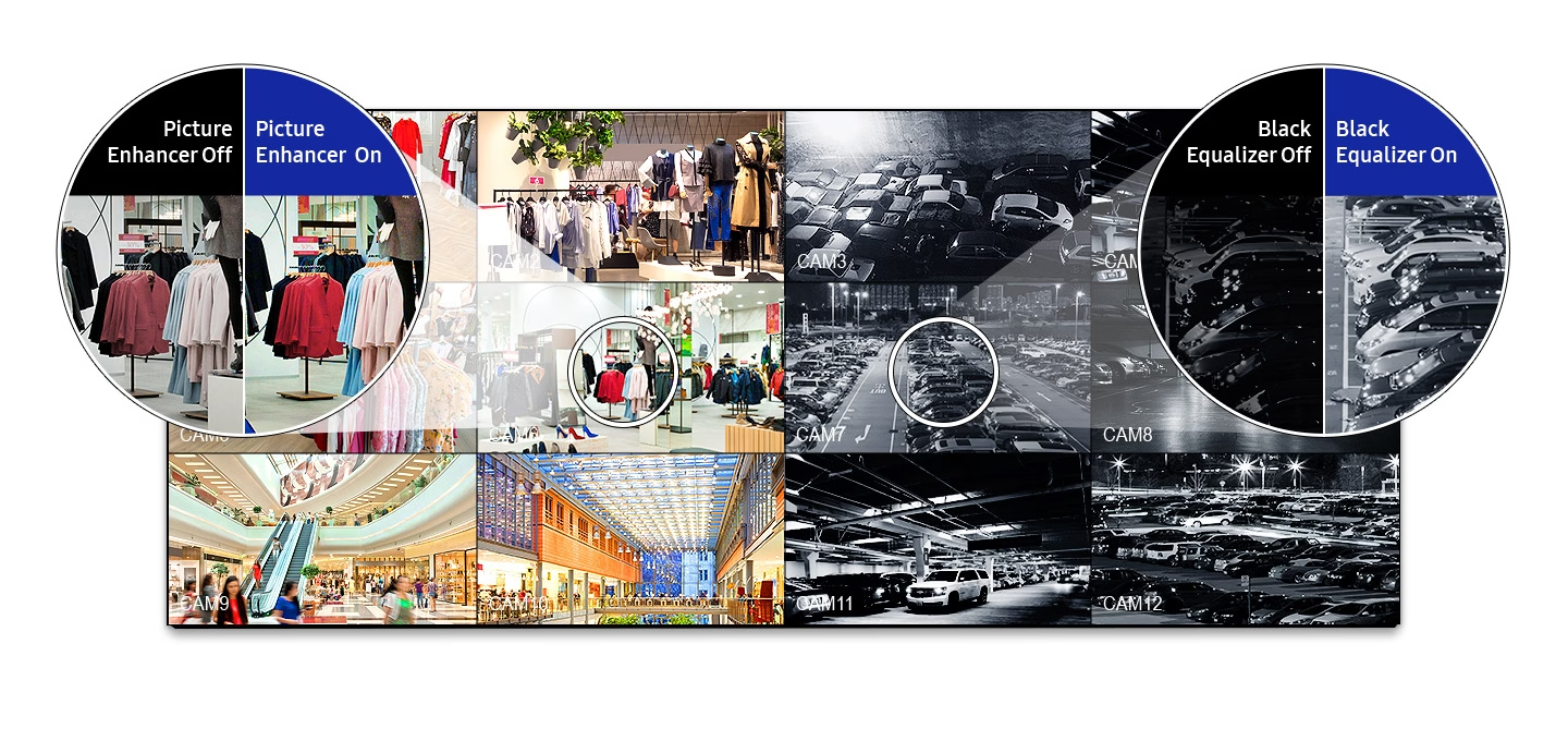 매장 CCTV는 컬러, 주차장 CCTV는 흑백을 통해 보여집니다.