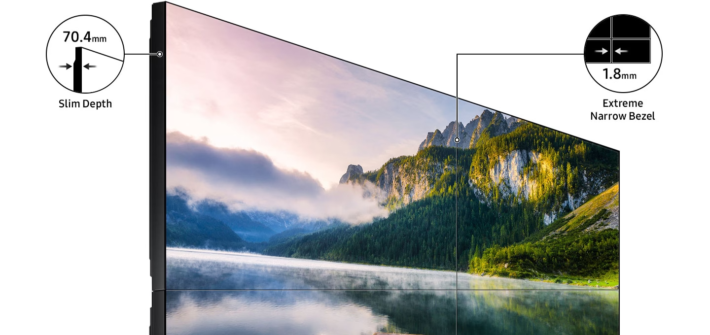 70.4mm의 슬림한 두께와 1.8mm 얇은 베젤을 설명하고 있습니다.