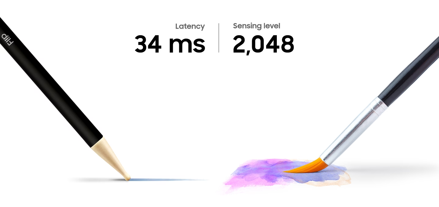 34ms 빠른 반응속도, 2,048 단계의 압력센서 모습을 펜과 붓으로 보여주고 있습니다.