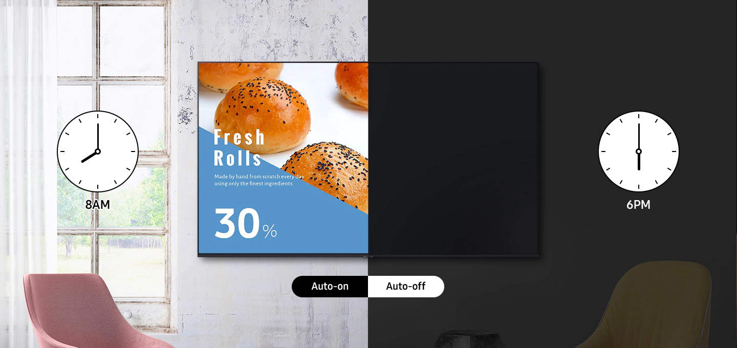 벽에 걸려 있는 BEA 시리즈를 2분할 하여 보여주고 있습니다. 좌측엔 낮시간동안 자동으로 켜져있는 모습, 우측엔 저녁 시간동안 자동으로 꺼져 있는 모습의 보여집니다.