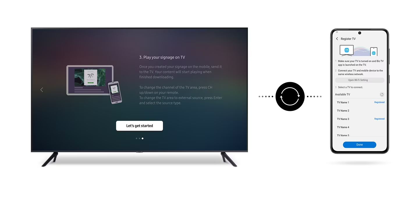 제품이 좌측에 놓여져 있고 우측에 모바일 기기 내 삼성 비즈니스 TV 앱이 구동되고 있습니다. 중앙 아이콘을 통해 TV 튜토리얼이 자동으로 실행되는 모습을 표현하고 있습니다.