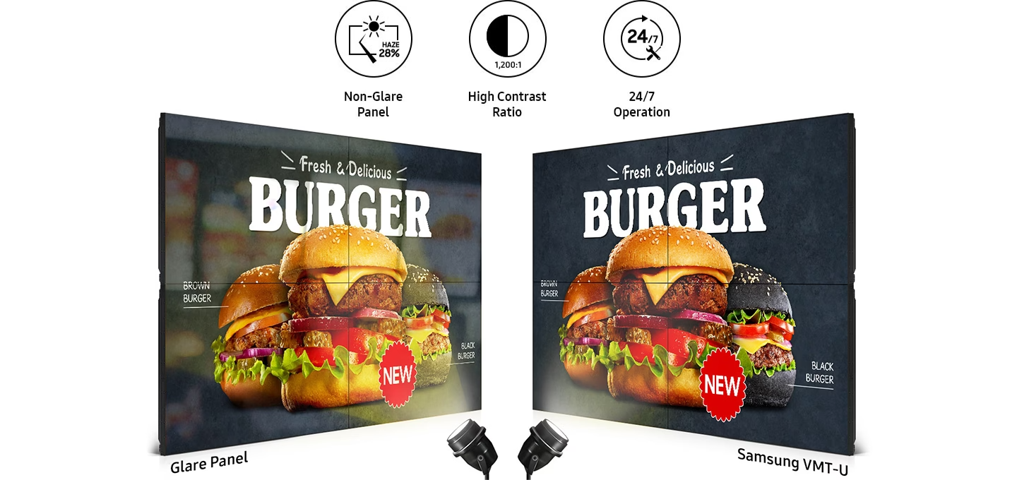 패스트푸드 메뉴를 제품을 통해 보여주고 있습니다.