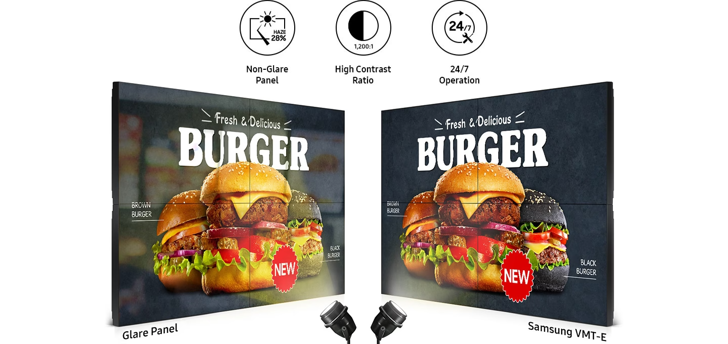 패스트푸드 메뉴를 제품을 통해 보여주고 있습니다.