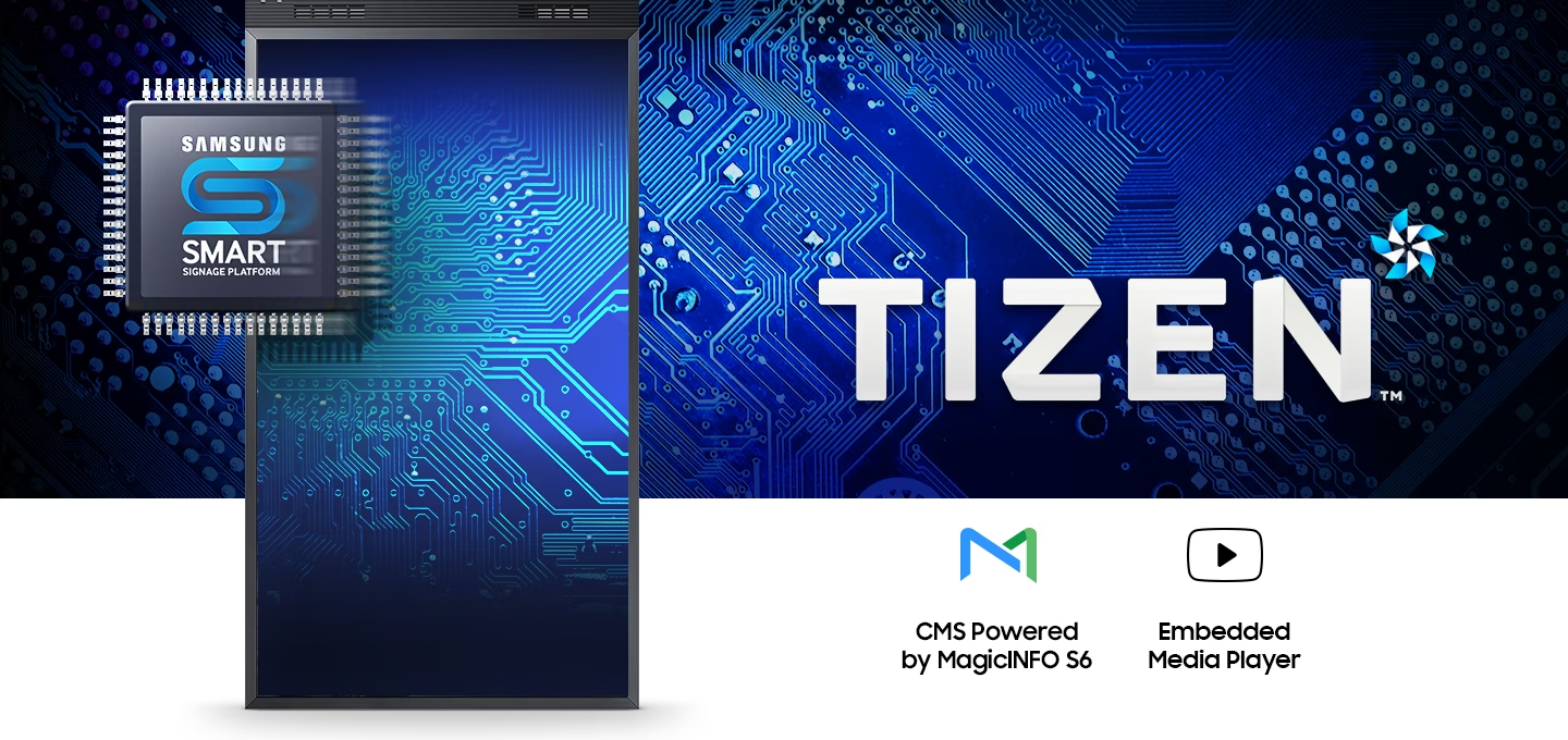 SAMSUNG SMART SIGNAGE PLATFORM 반도체 형상이 보여지며 TIZEN마크와 CMS Powered by MagicINFO S6, Embedded Media Player 아이콘이 보여집니다.