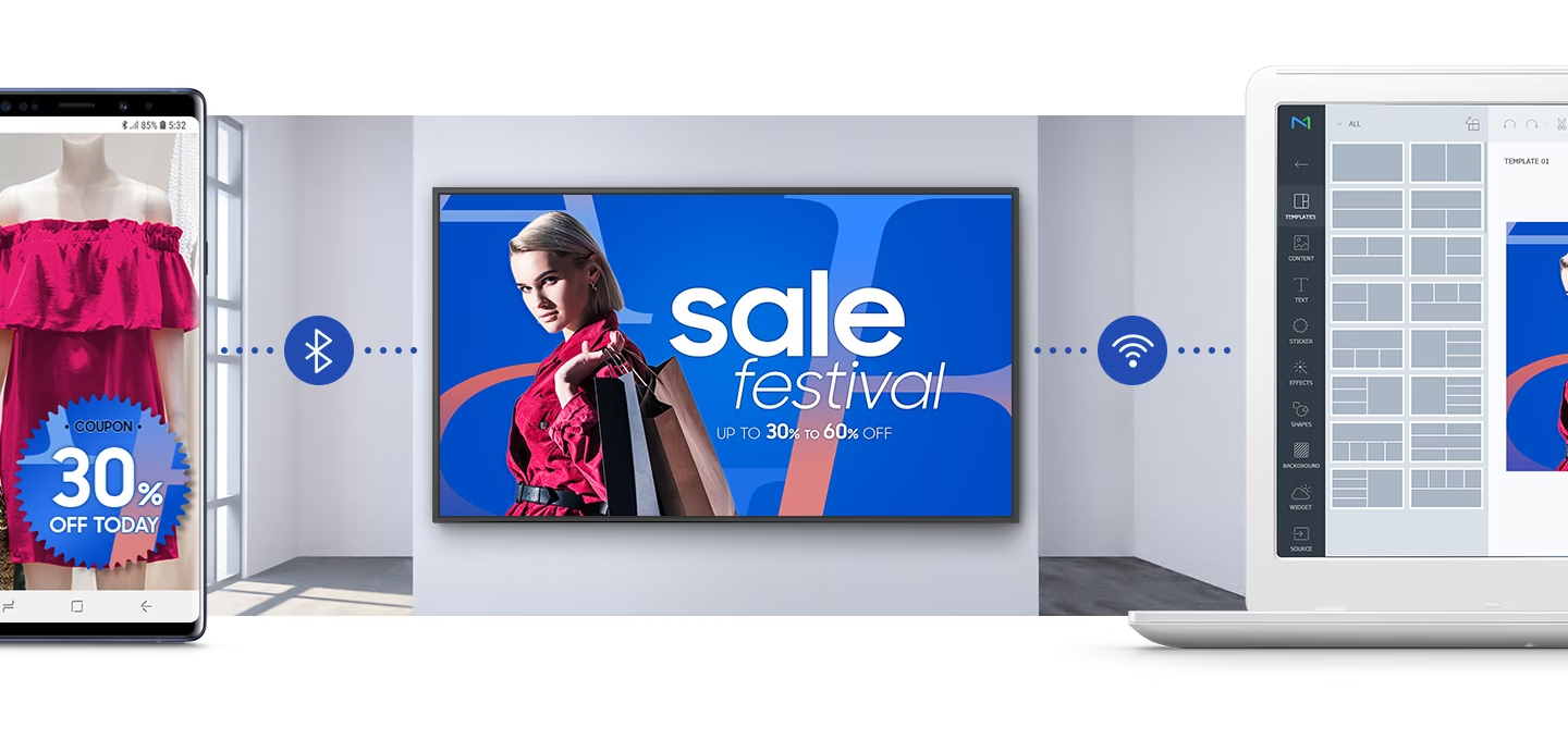 모바일과 노트북이 와이파이, 블루투스로 연결되는 모습을 보여주고 있습니다.