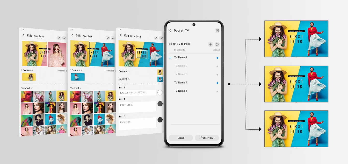 모바일로 여러대의 제품을 관리하는 모습을 보여주고 있습니다. 좌측엔 앱 UI가 나와있고 우측엔 3대의 제품에서 의류 광고화면이 나오고 있습니다.