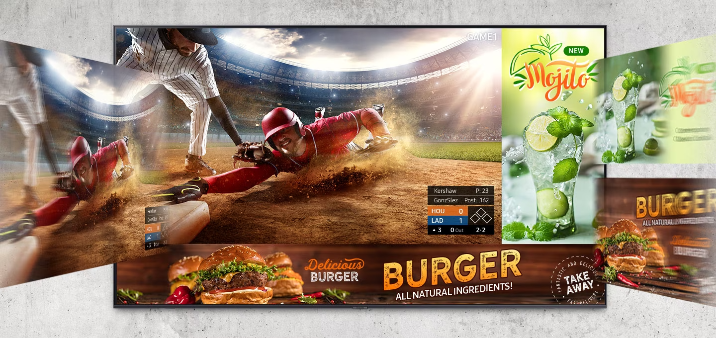제품 인스크린에 야구 화면이 나오고 있고, 화면 밑에 햄버거 광고가 나오며 우측엔 음료 광고가 나오고 있습니다.