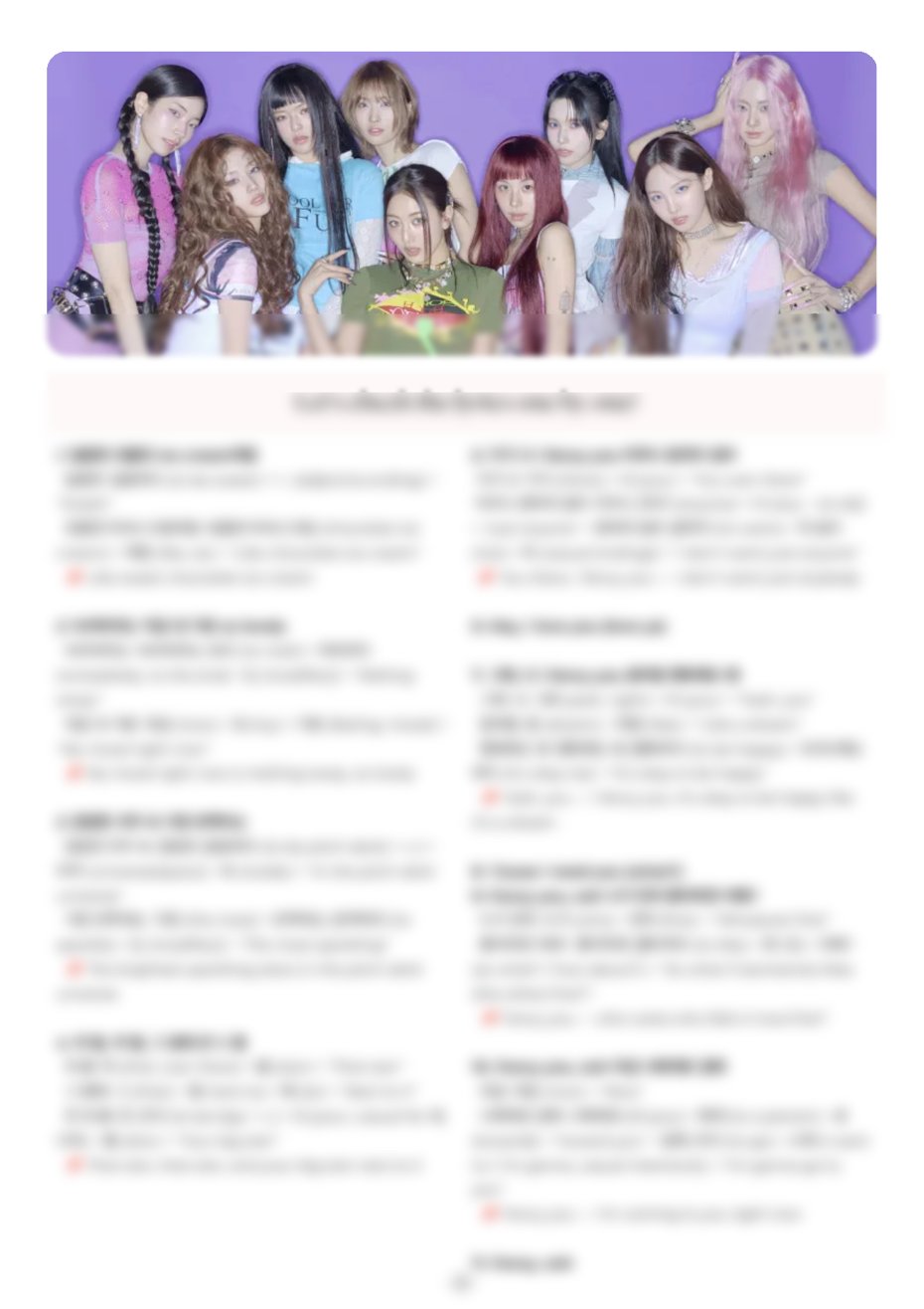 K-pop class material — line-by-line lyrics breakdown (preview blurred)