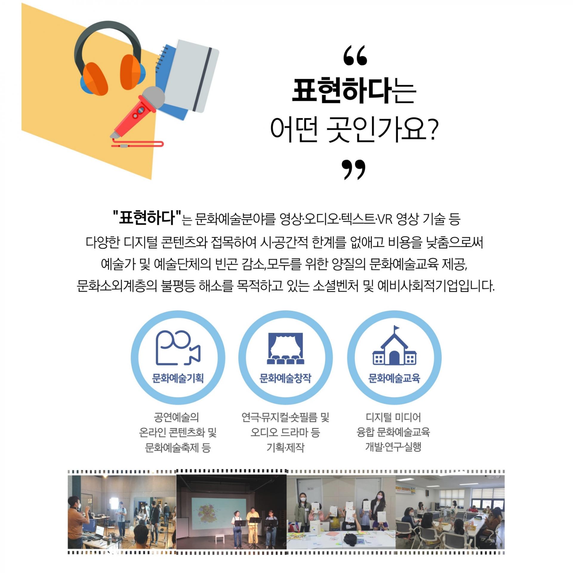  표현하다는 어떤 곳인가요? 표현하다는 문화예술분야를 영상, 오디오, 텍스트, VR 영상 기술 등 다양한 디지털 콘텐츠와 접목하여 시공간적 한계를 없애고 비용을 낮춤으로써 예술가 및 예술단체의 빈곤 감소, 모두를 위한 양질의 문화예술교육 제공, 문화소외계층의 불평등 해소를 목적하고 있는 소셜 벤처 및 예비사회적기업입니다. 공연예술의 온라인 콘텐츠화 및 문화예술축제 등 문화예술기획, 연극, 뮤지컬, 숏필름 및 오디오 드라마 등을 기획하고 제작하는 문화예술 창작, 디지털 미디어 융합 문화예술교육을 개발하고 연구하고 실행하는 문화예술교육 등의 영역을 다루고 있습니다.