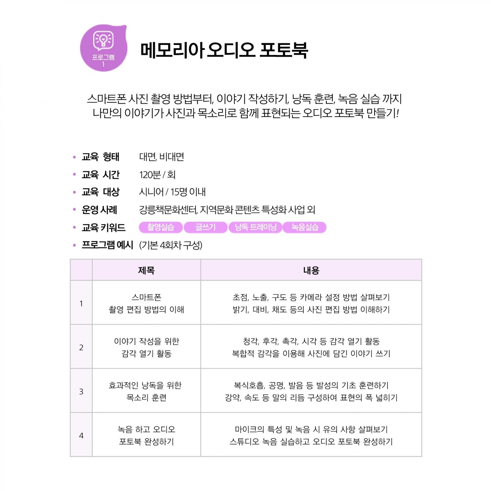 이 이미지는 "메모리아 오디오 포토북"이라는 교육 프로그램에 대한 안내문입니다.