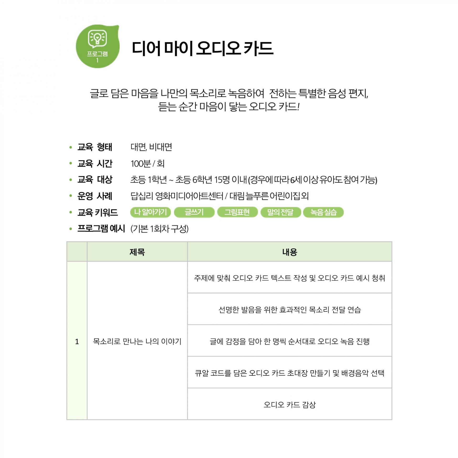 이 이미지는 "디어 마이 오디오 카드"라는 교육 프로그램에 대한 안내문입니다.