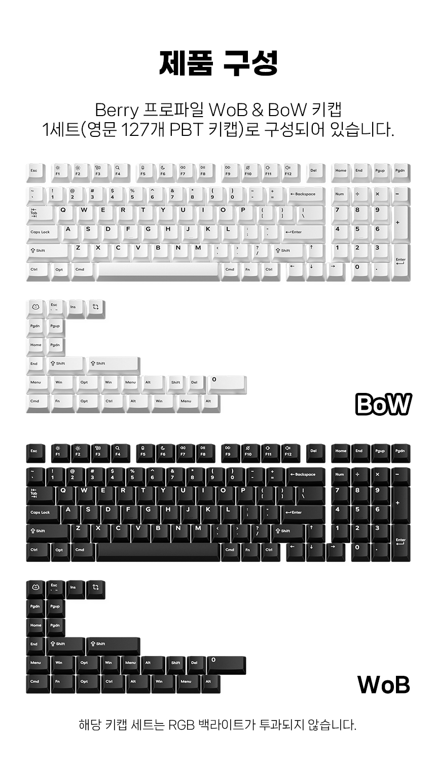 NUPHY 블랙 화이트 디자인 Berry 프로파일 키캡 로우 프로파일 염료승화 PBT 영문