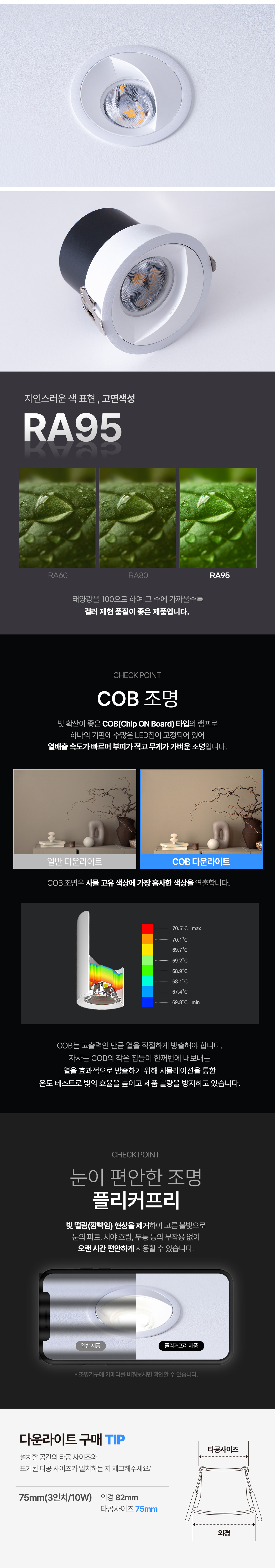 LED COB 알도 75mm (3인치) 다운라이트 10W
