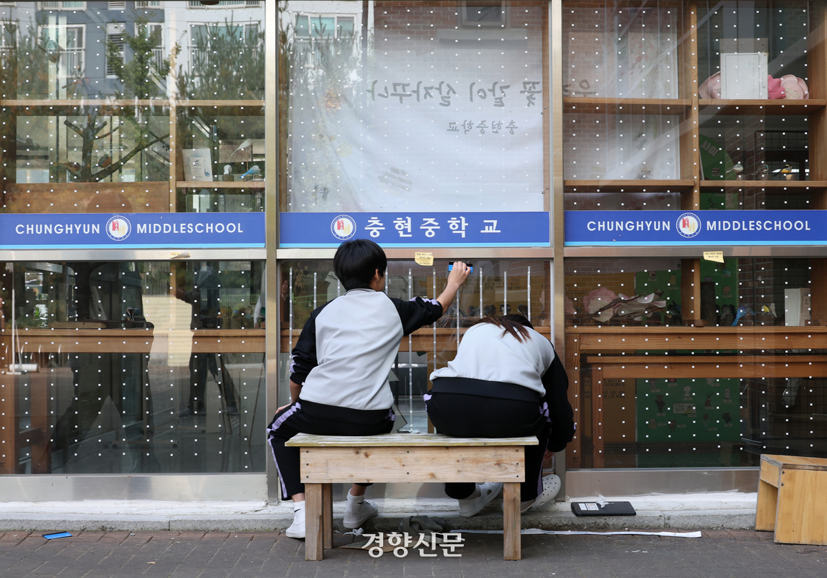 경기 광명시 충현중학교 1학년 학생들이 충현중학교 유리창에 조류 충돌방지 스티커를 부착하고 있다. 권도현 기자